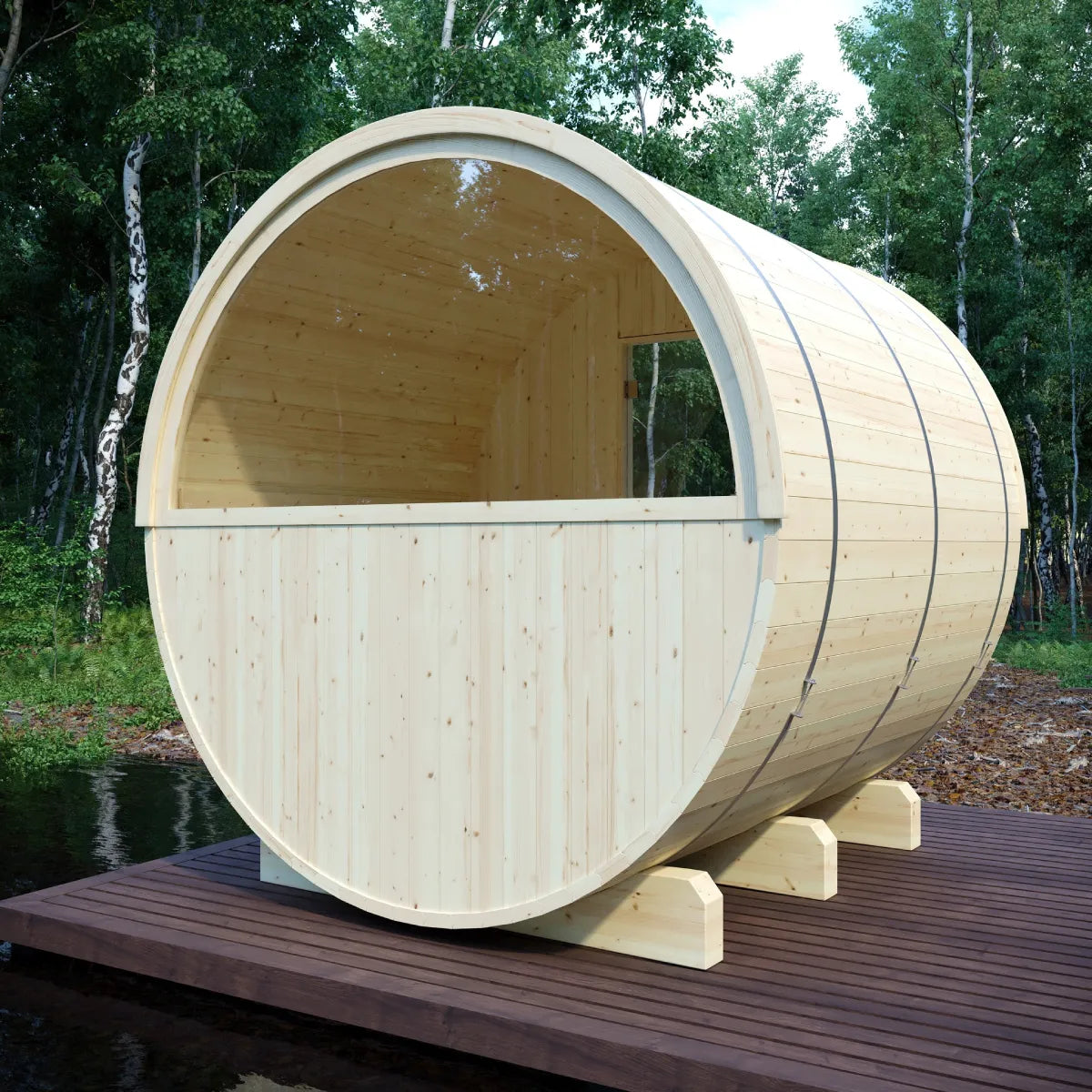 Helsinki 4-Person Barrel Sauna with Terrace and WiFi Heater