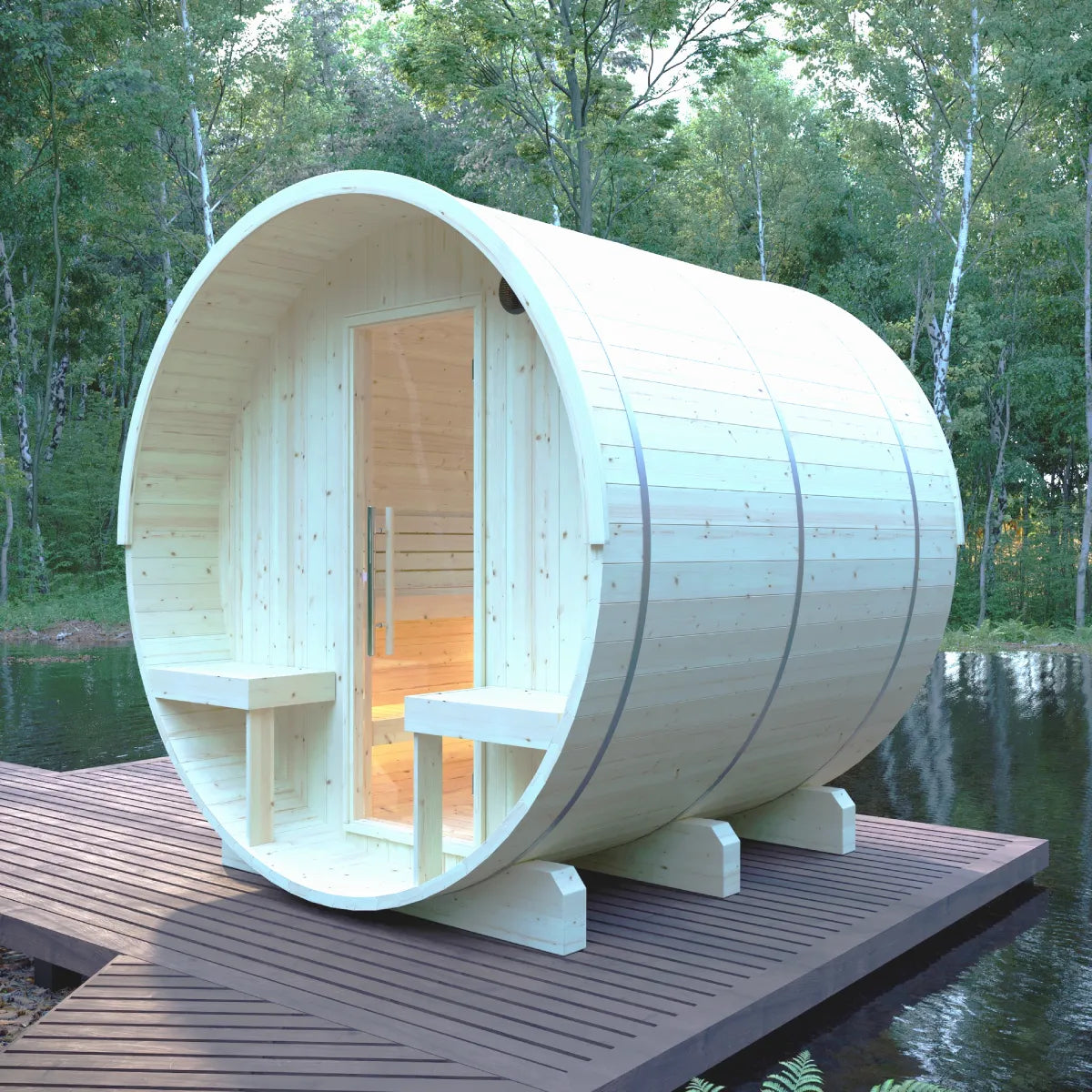 Helsinki 4-Person Barrel Sauna with Terrace and WiFi Heater