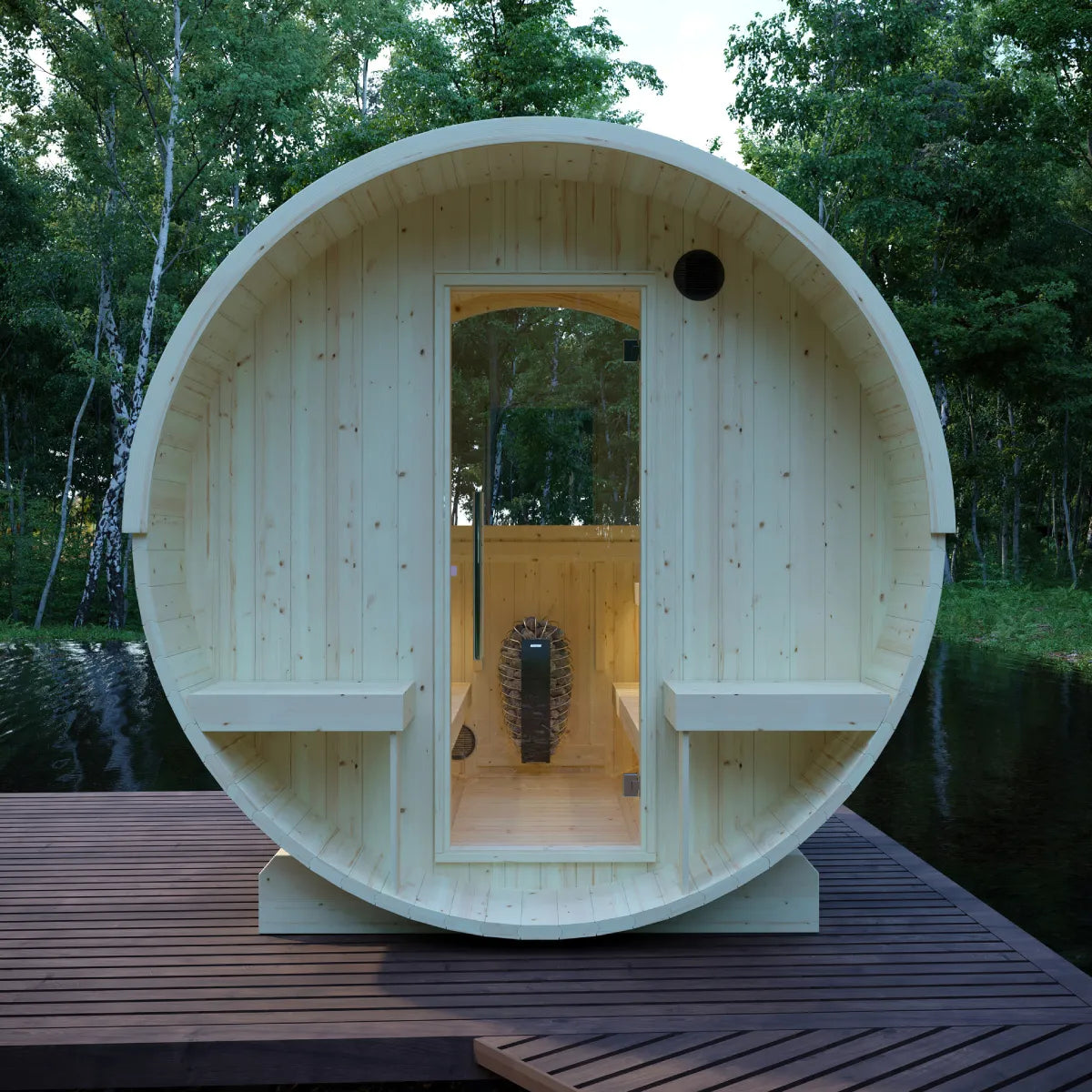 Helsinki 4-Person Barrel Sauna with Terrace and WiFi Heater
