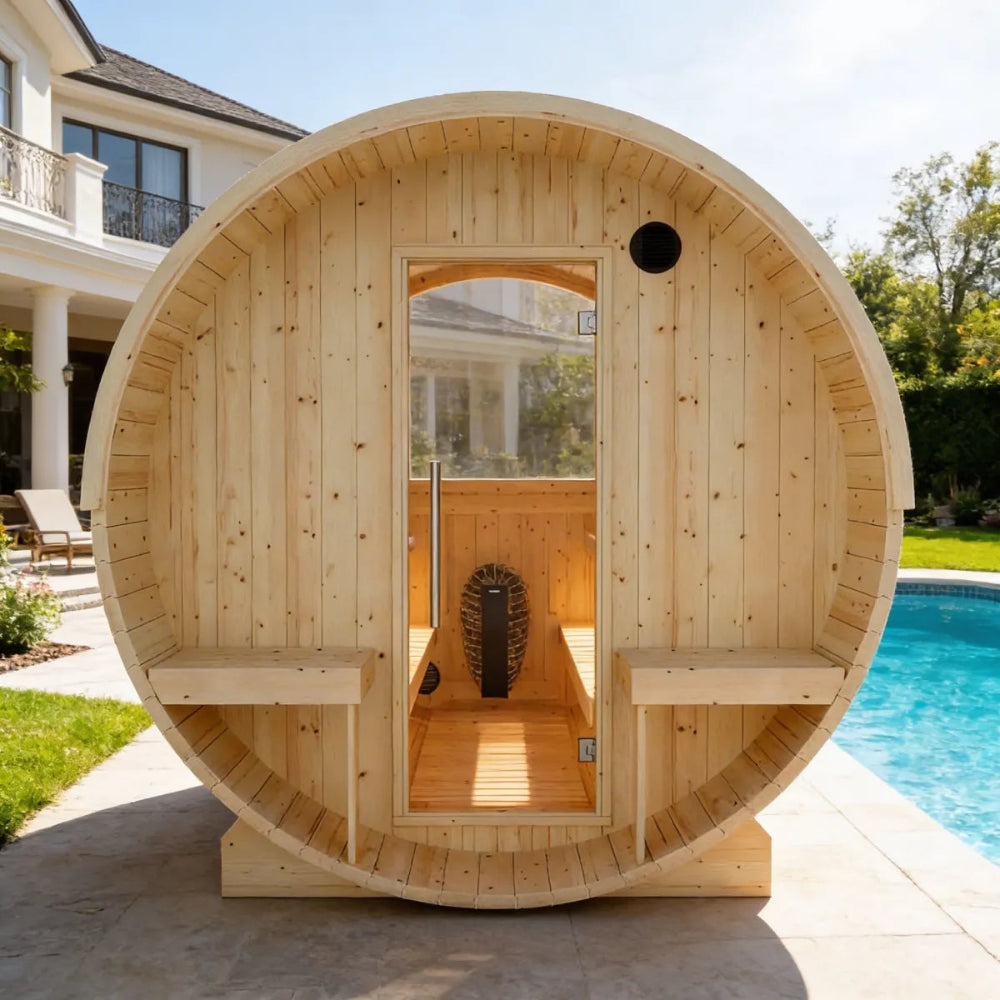 Helsinki 4-Person Barrel Sauna with Terrace and WiFi Heater
