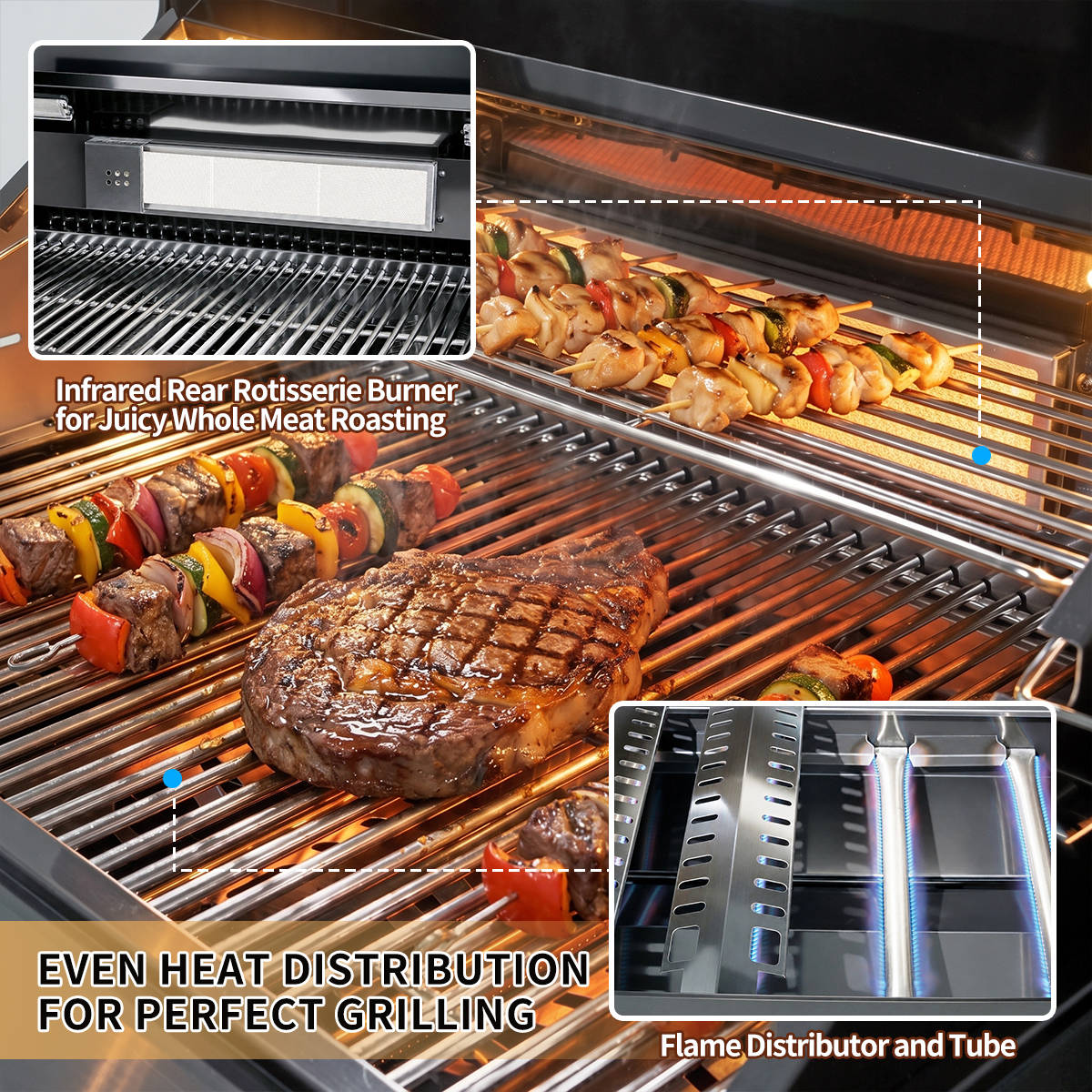 46"  Four Burners Black Outdoor Kitchen Islands Grill + Side Burner