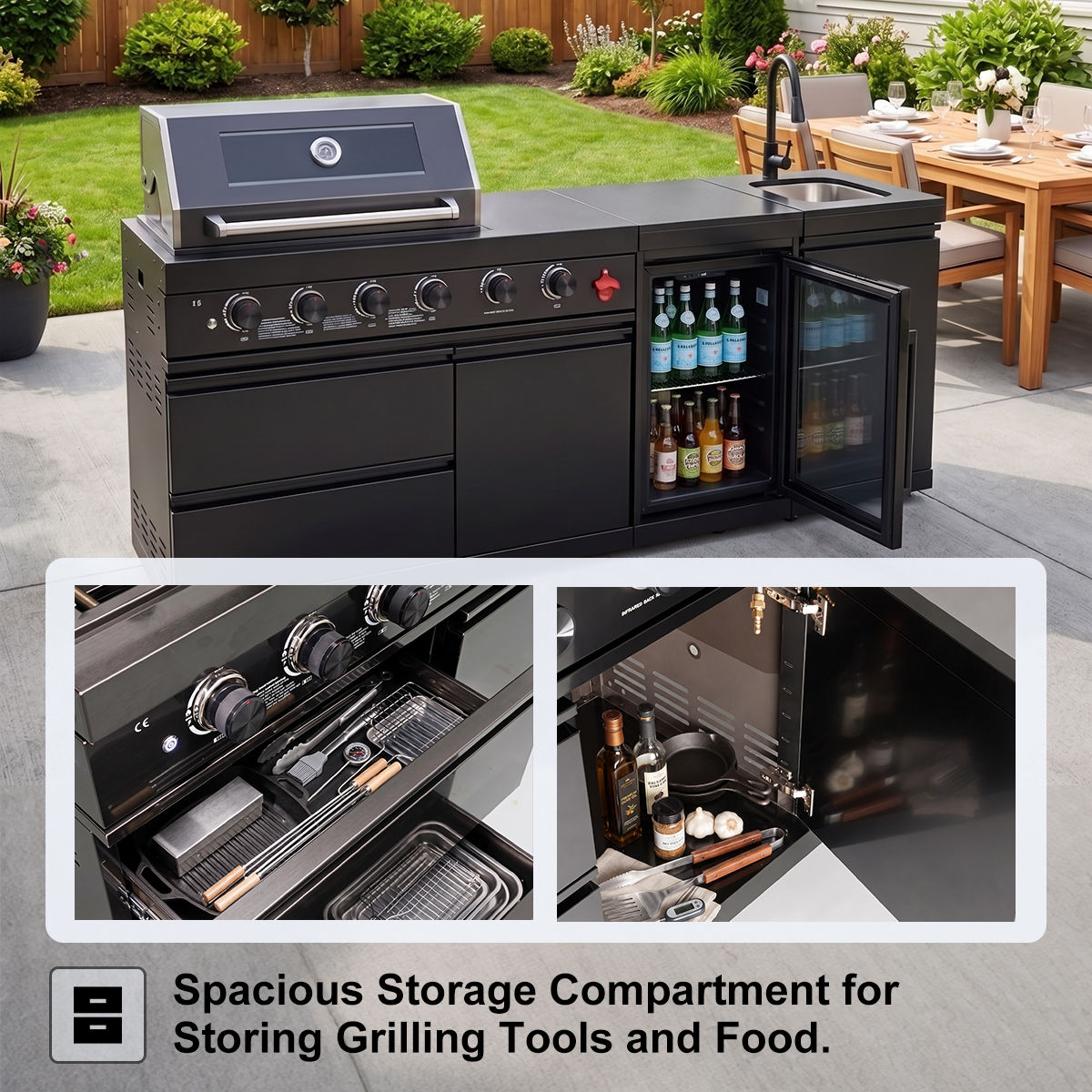 65" 4-Burner 72,000 BTU Black Outdoor Kitchen Island Grill Marble Countertops Wine Cooler