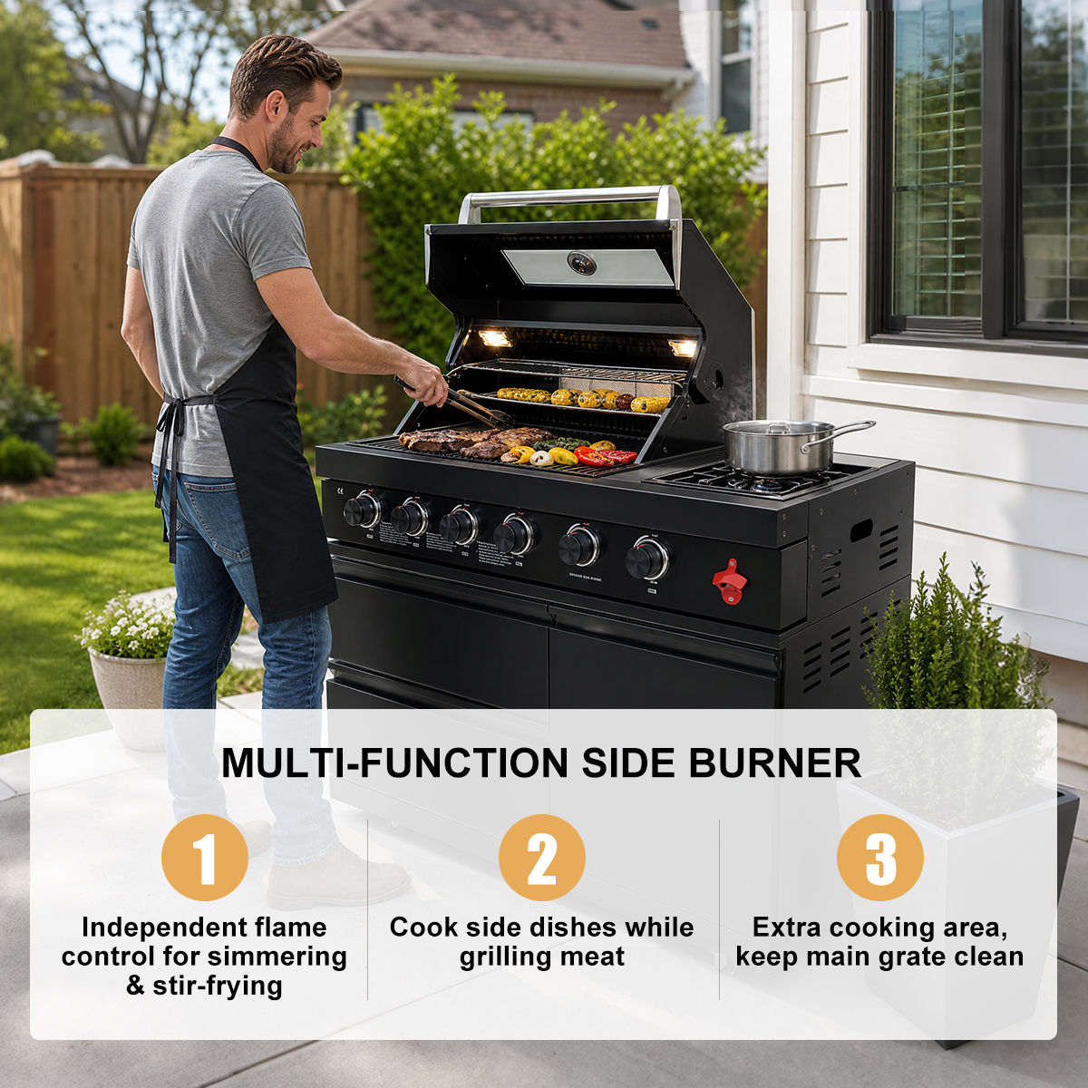 65" 4-Burner 72,000 BTU Black Outdoor Kitchen Island Grill Marble Countertops Wine Cooler