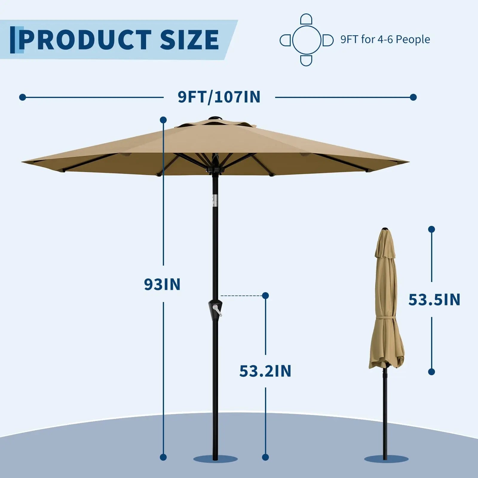 9-Foot Patio Market Umbrella with Crank Lift and Push-Button Tilt
