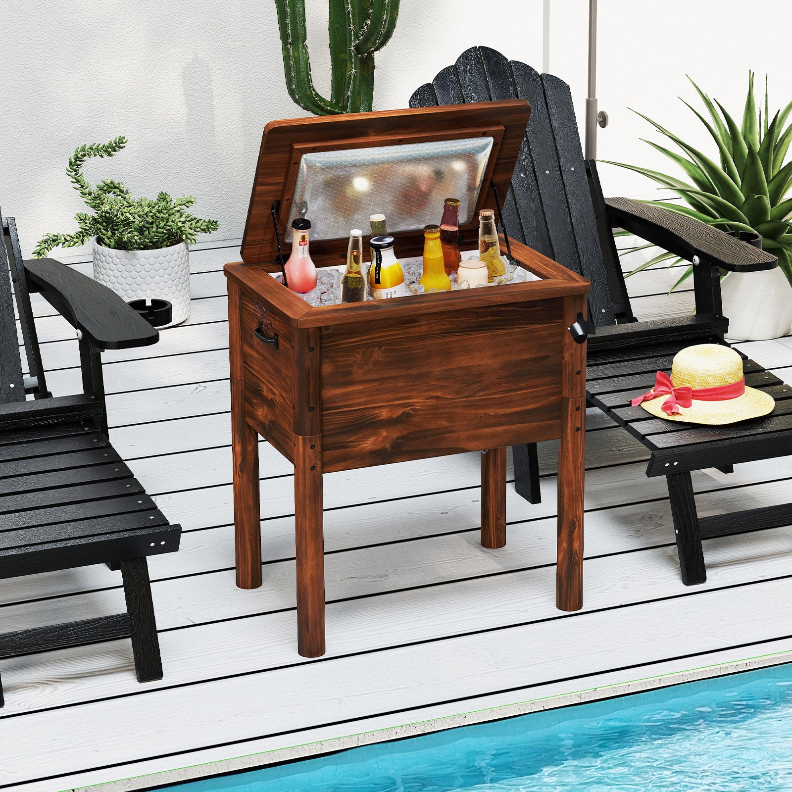 54-Quart Pine Wood Patio Cooler with Bottle Opener and Drain Plug