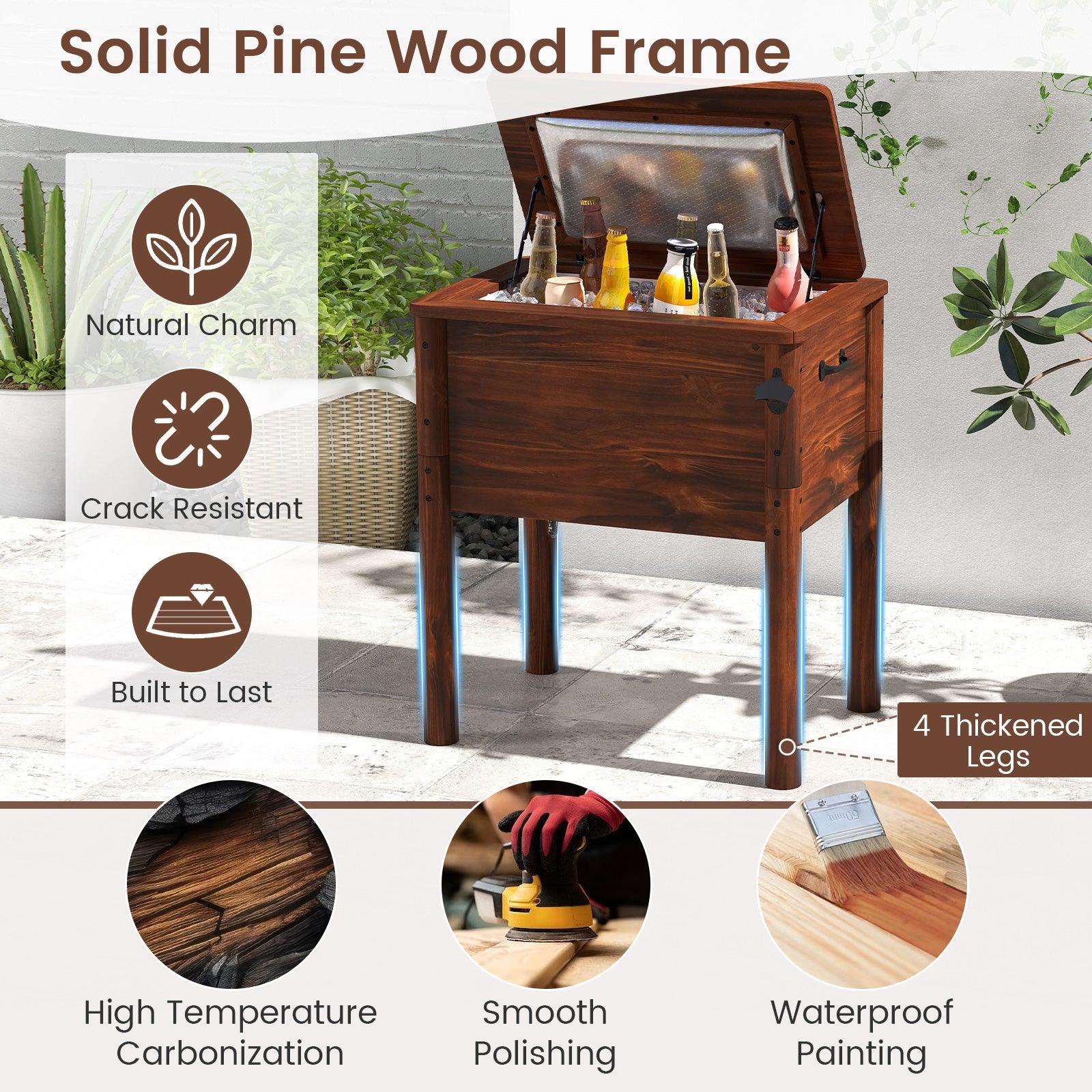 54-Quart Pine Wood Patio Cooler with Bottle Opener and Drain Plug