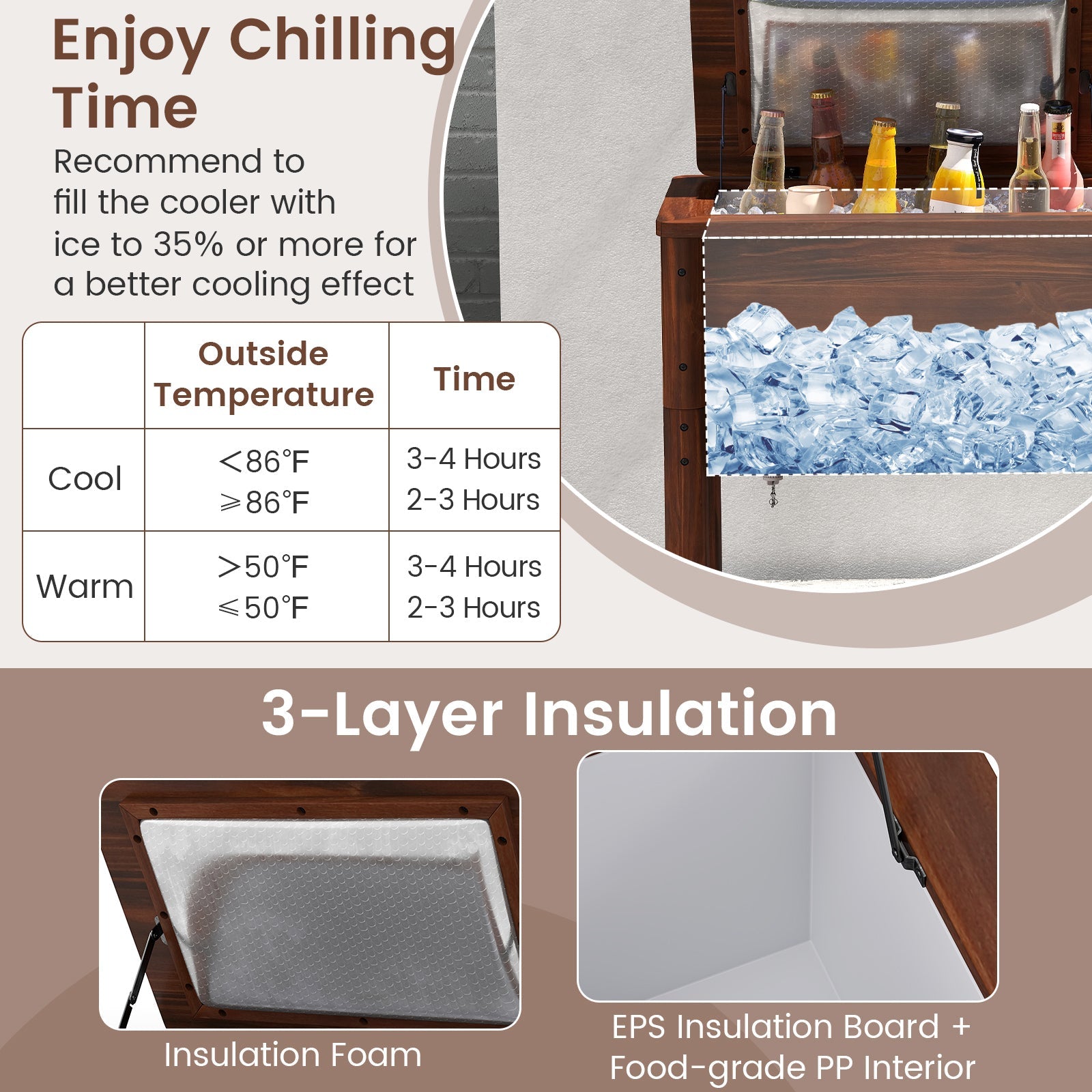 54-Quart Pine Wood Patio Cooler with Bottle Opener and Drain Plug