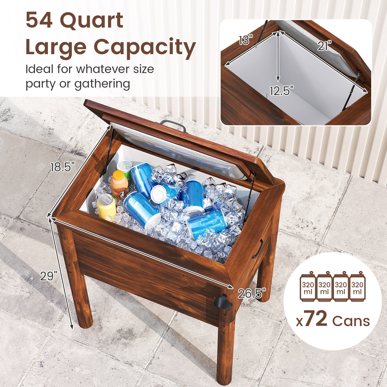 54-Quart Pine Wood Patio Cooler with Bottle Opener and Drain Plug