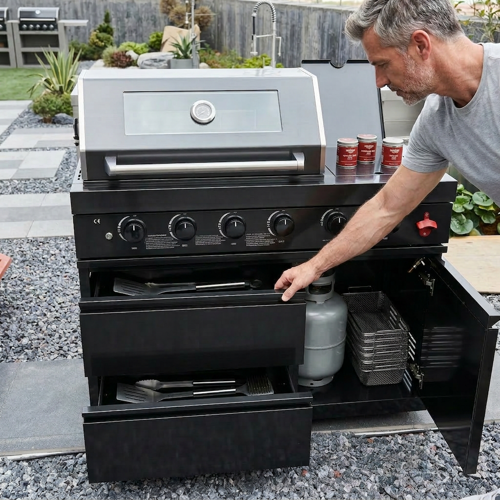 46"  Four Burners Black Outdoor Kitchen Islands Grill + Side Burner