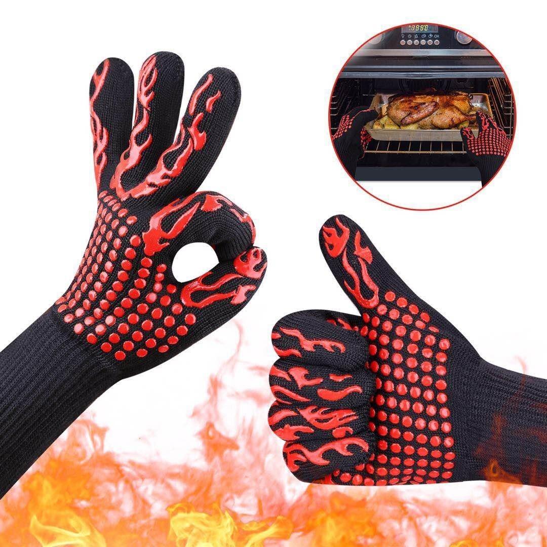 Heat-Resistant BBQ Grill Gloves with Non-Slip Silicone Grip and Long Cuffs