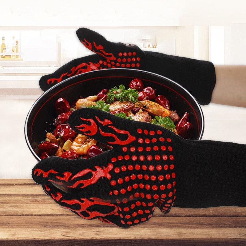 Heat-Resistant BBQ Grill Gloves with Non-Slip Silicone Grip and Long Cuffs