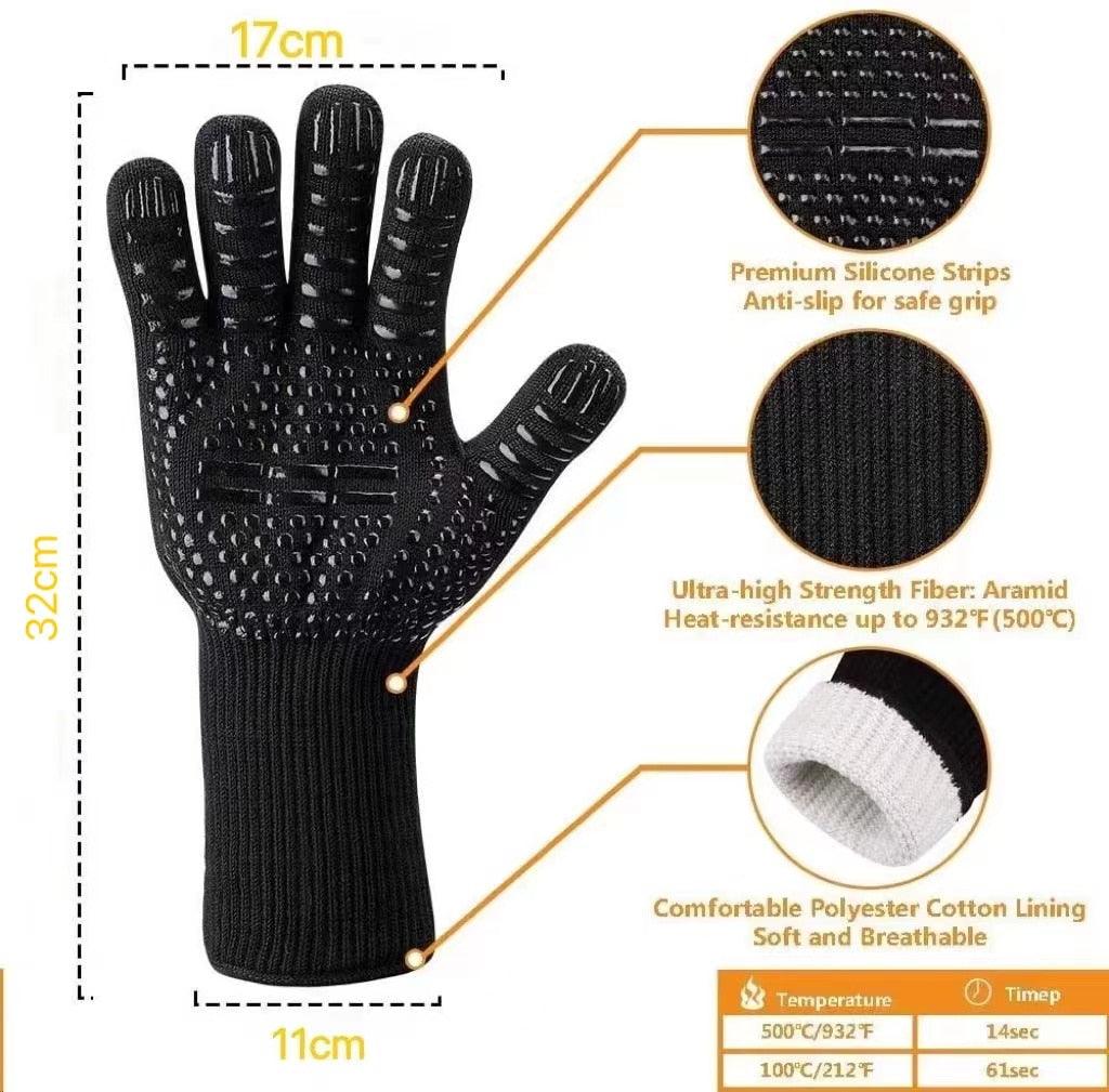 Heat-Resistant BBQ Grill Gloves with Non-Slip Silicone Grip and Long Cuffs