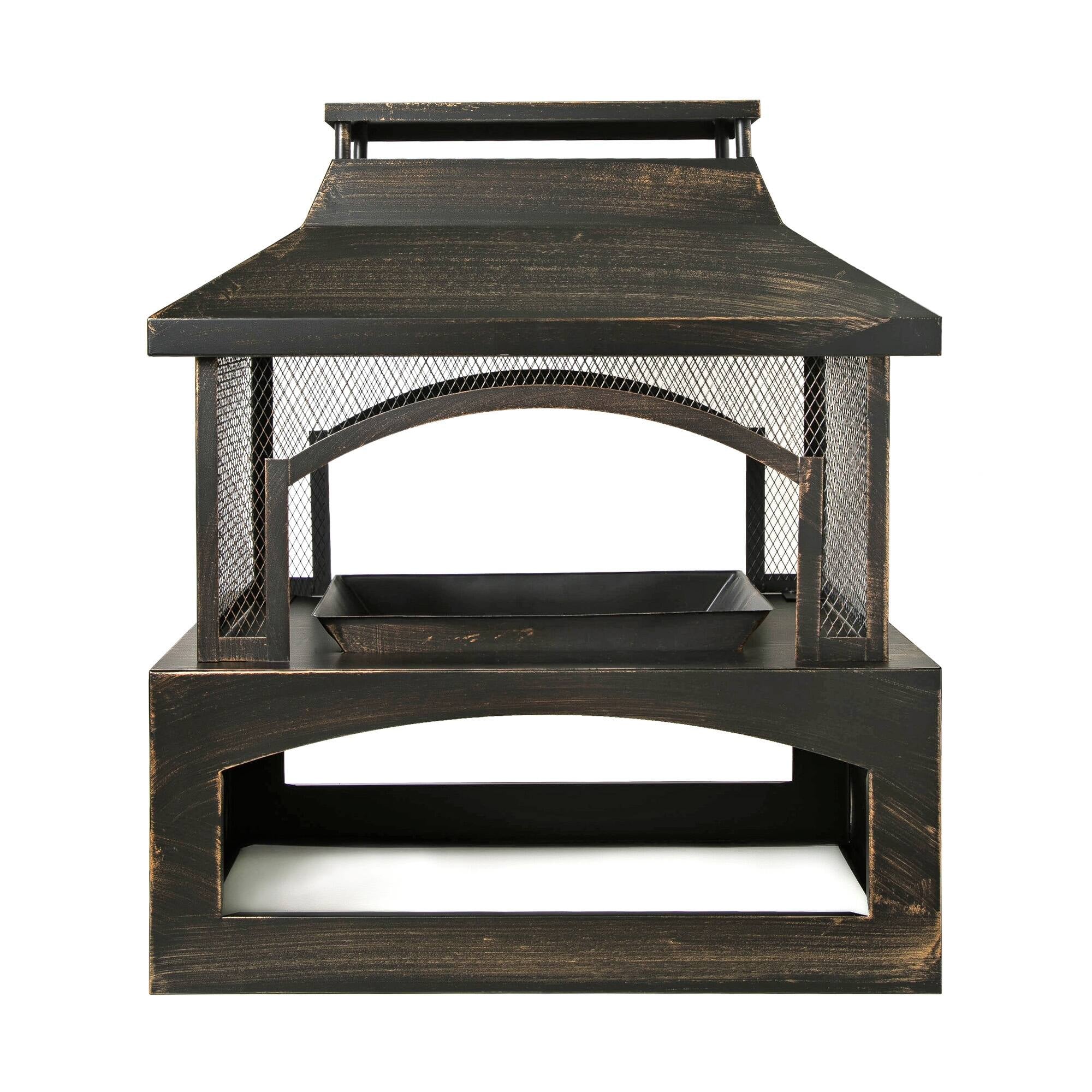 37-Inch Rectangular Metal Outdoor Wood Burning Fireplace - Outdoor Fireplace with Built-In Log Storage and Poker-Brushed Bronze