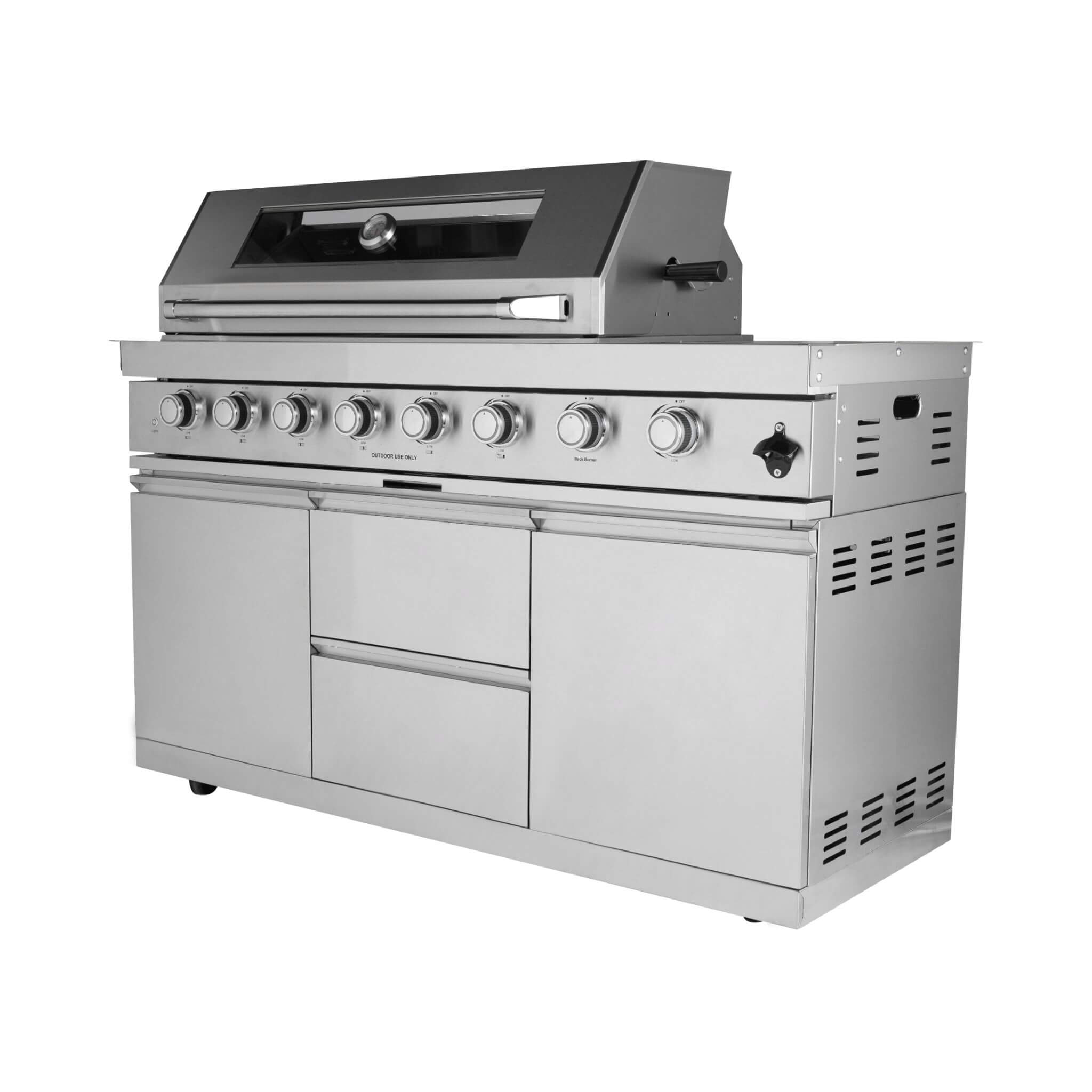 Castelle Flame 96-Inch 6-Burner Outdoor Kitchen with Refrigerator, 85,000 BTU