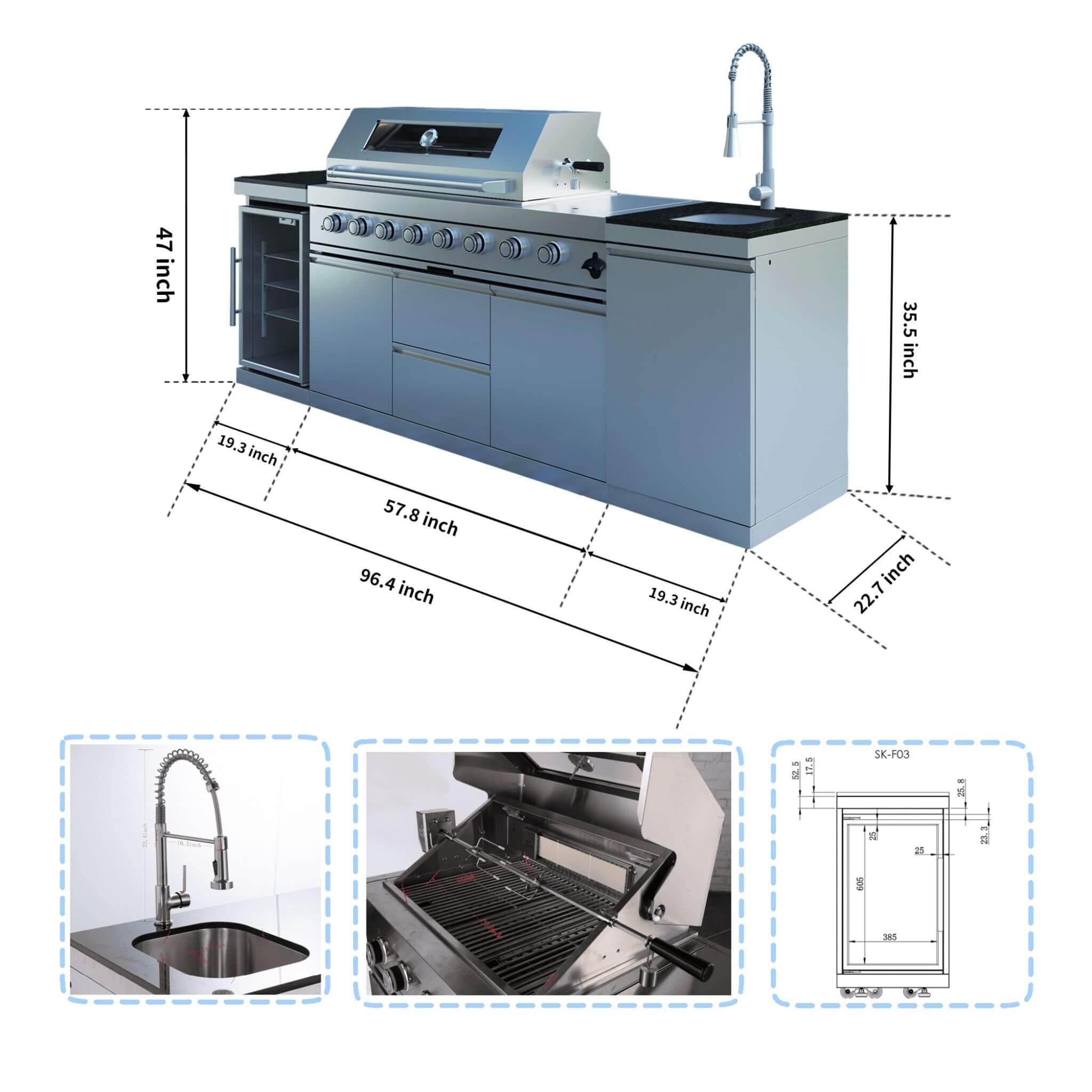 Castelle Flame 96-Inch 6-Burner Outdoor Kitchen with Refrigerator, 85,000 BTU