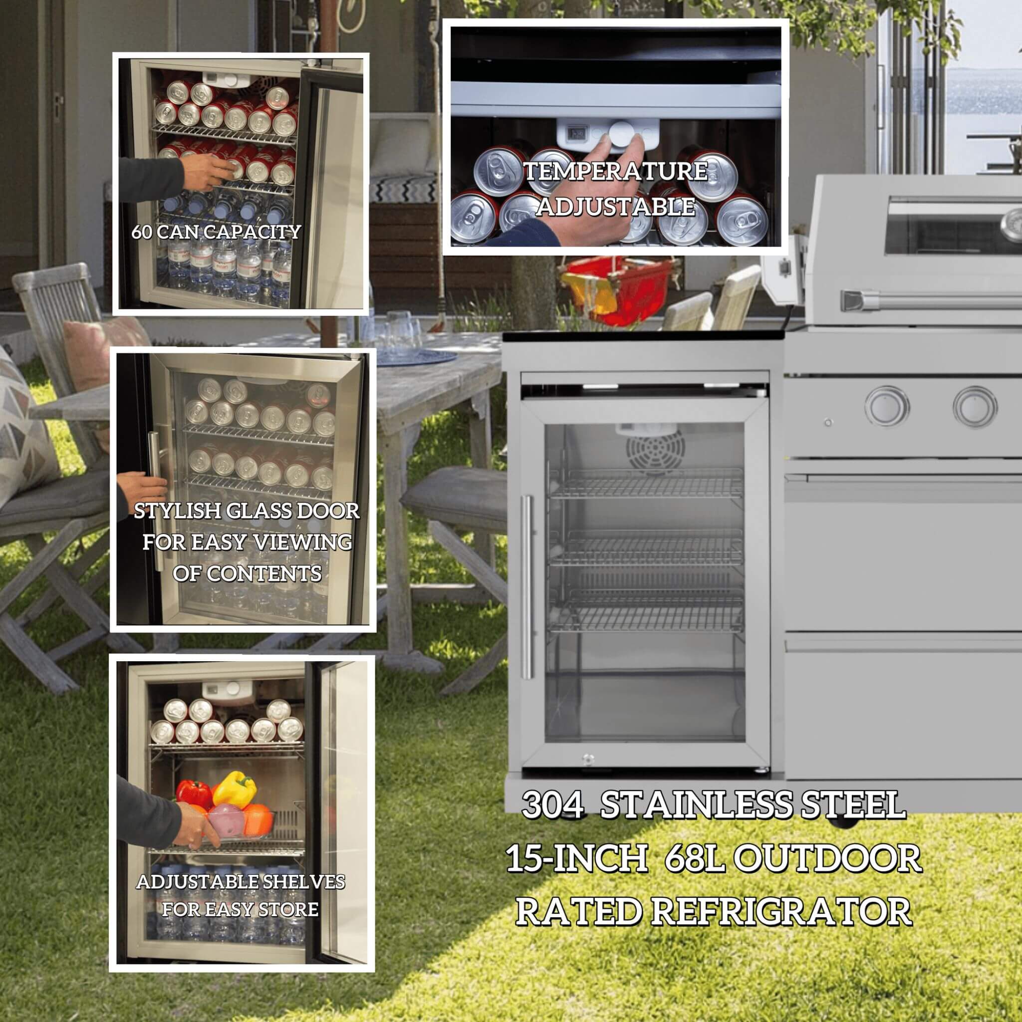 Castelle Flame 96-Inch 6-Burner Outdoor Kitchen with Refrigerator, 85,000 BTU