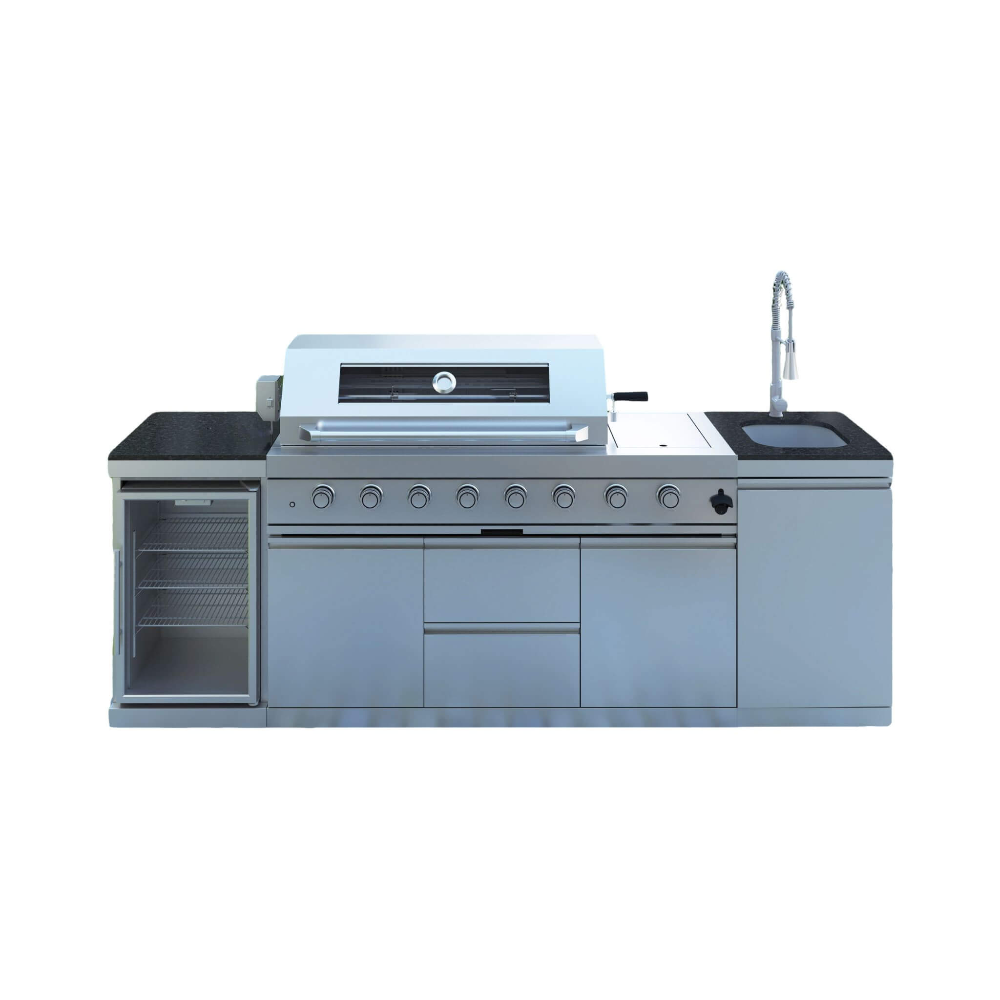 Castelle Flame 96-Inch 6-Burner Outdoor Kitchen with Refrigerator, 85,000 BTU