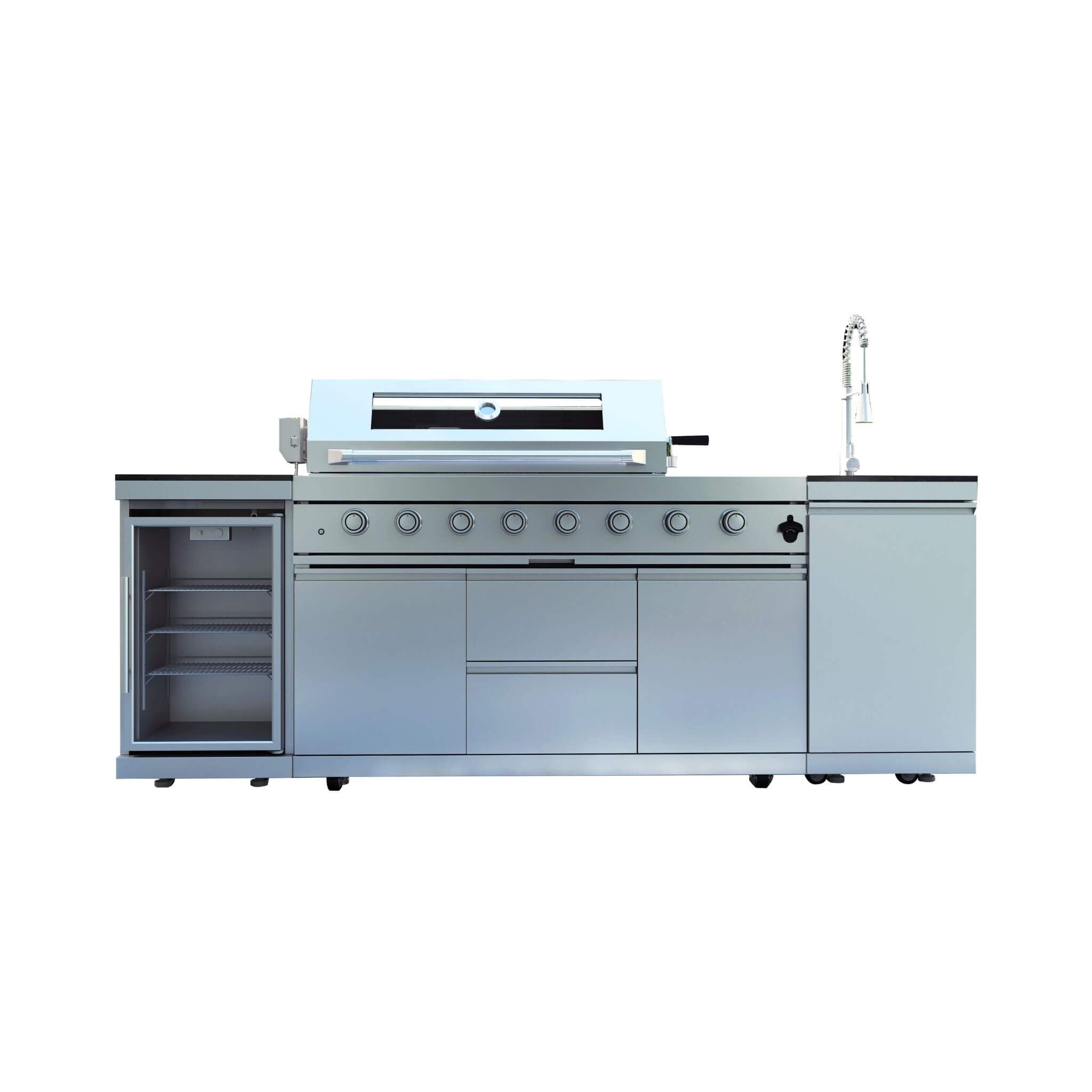 Castelle Flame 96-Inch 6-Burner Outdoor Kitchen with Refrigerator, 85,000 BTU