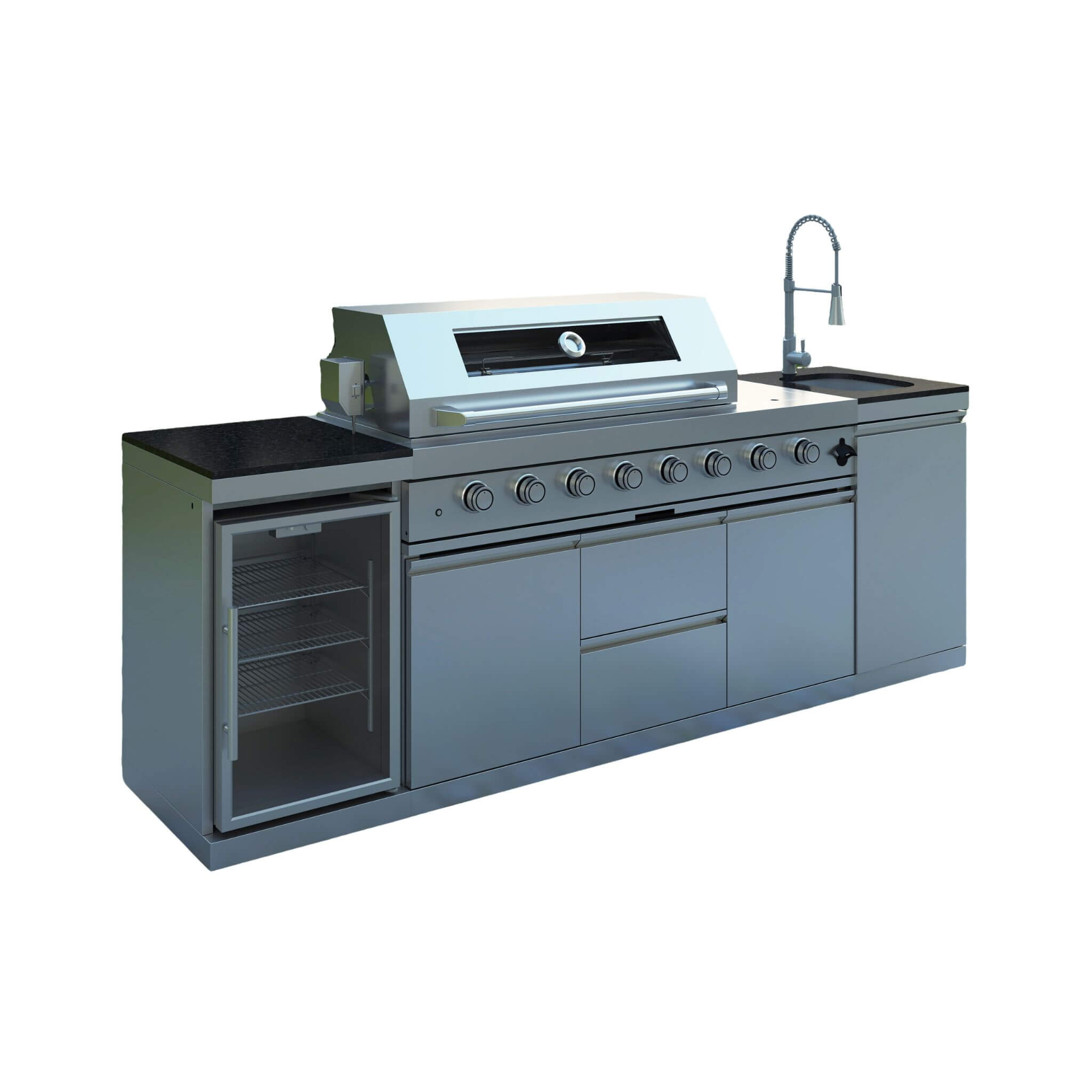 Castelle Flame 96-Inch 6-Burner Outdoor Kitchen with Refrigerator, 85,000 BTU