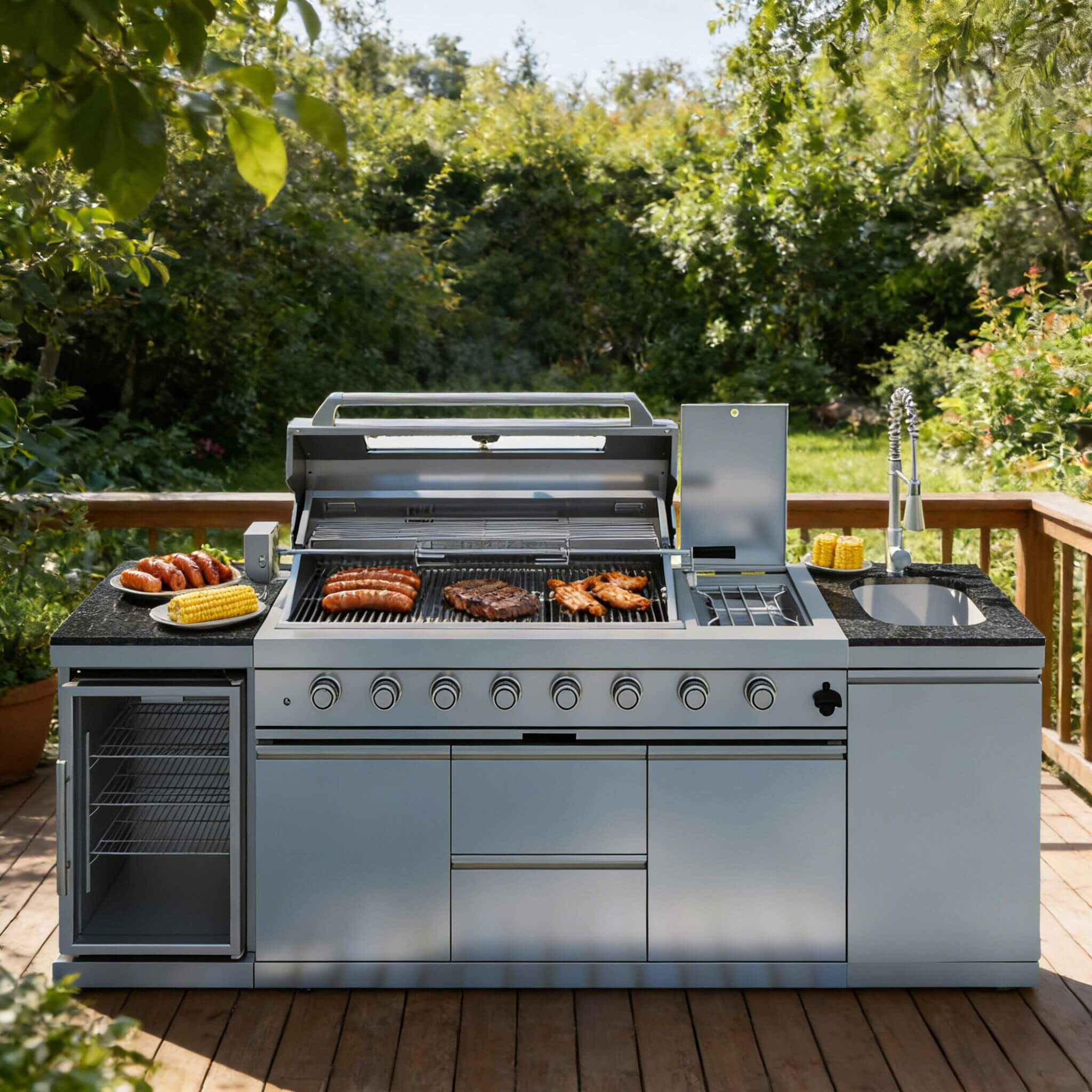 Castelle Flame 96-Inch 6-Burner Outdoor Kitchen with Refrigerator, 85,000 BTU