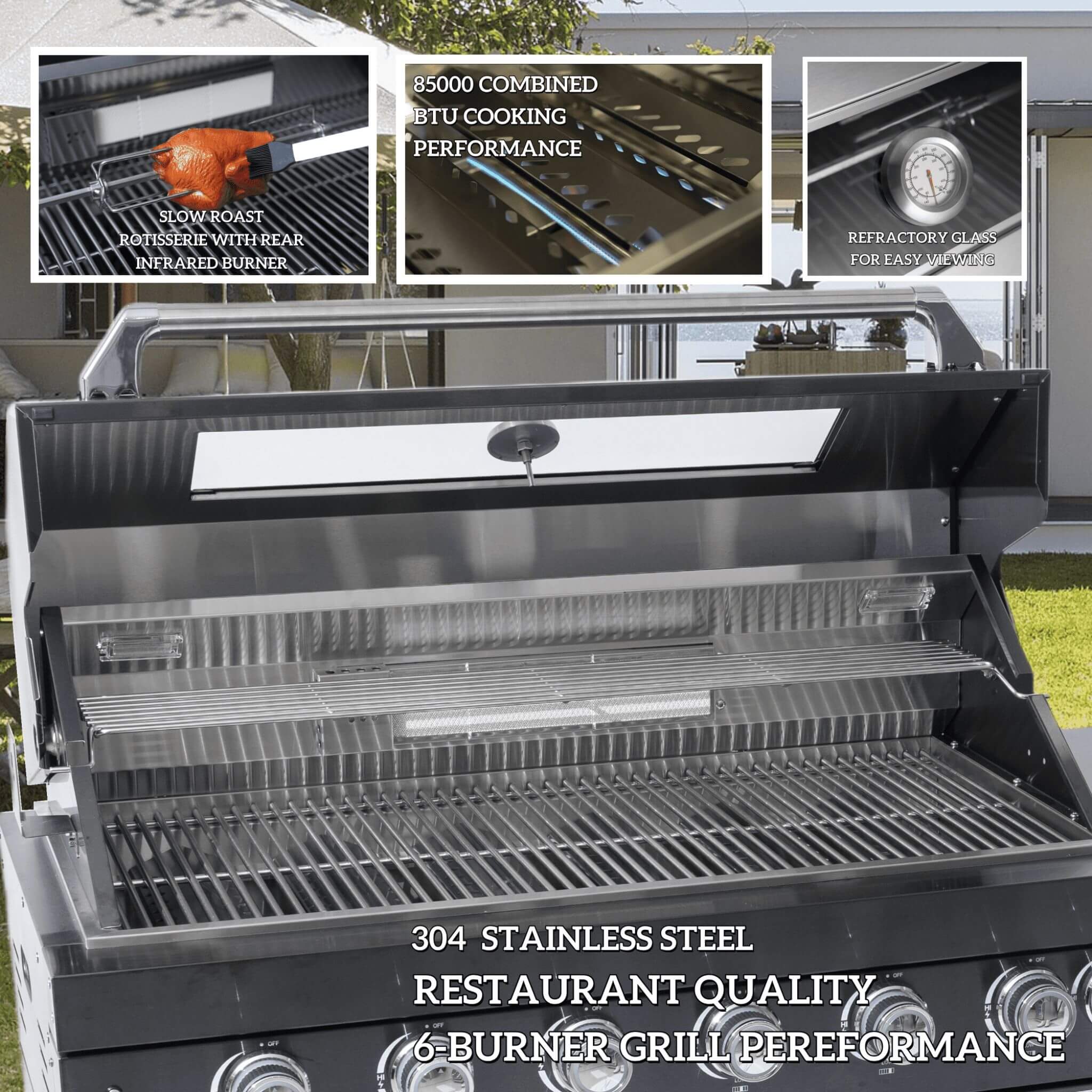 Castelle Flame 96-Inch 6-Burner Outdoor Kitchen with Refrigerator, 85,000 BTU
