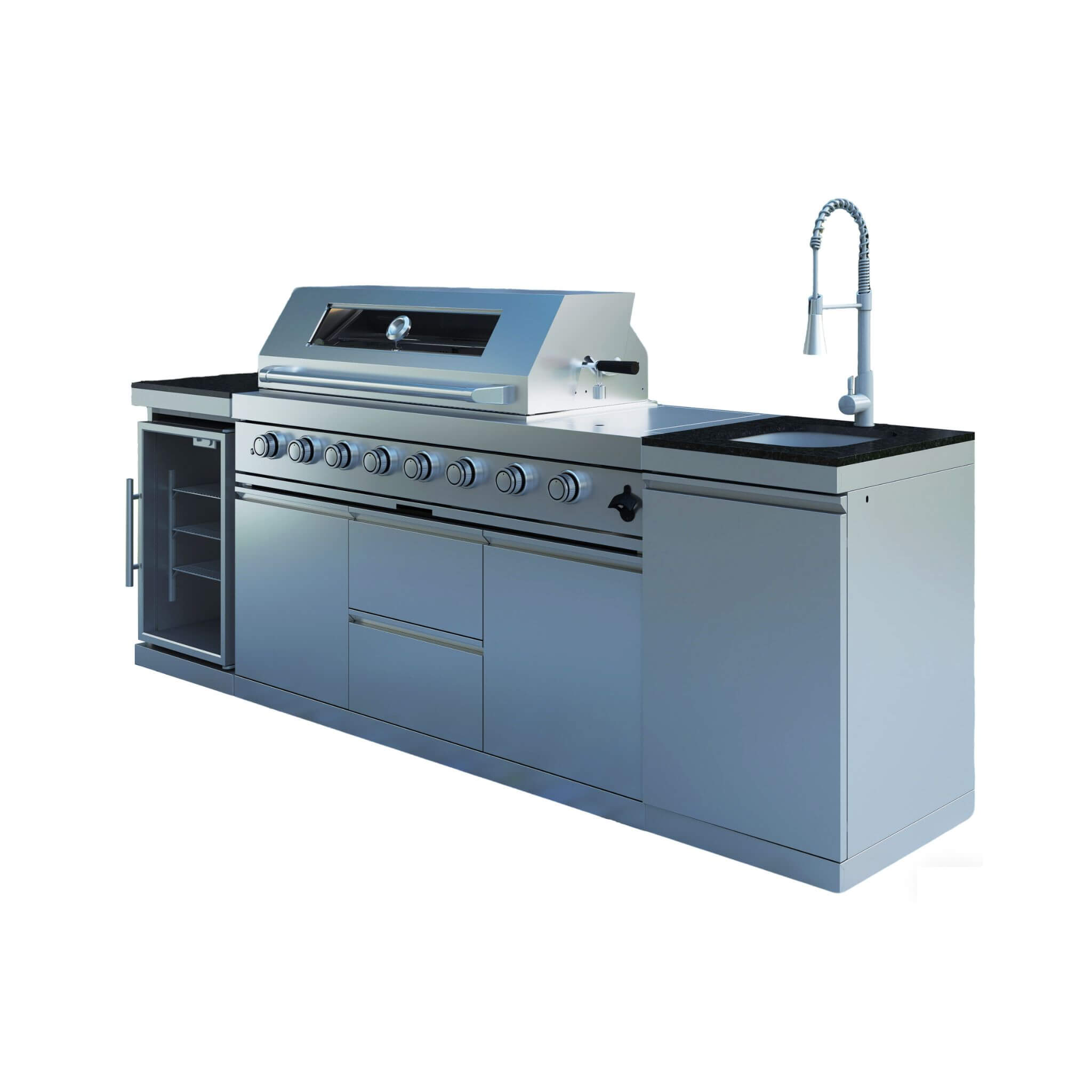 Castelle Flame 96-Inch 6-Burner Outdoor Kitchen with Refrigerator, 85,000 BTU