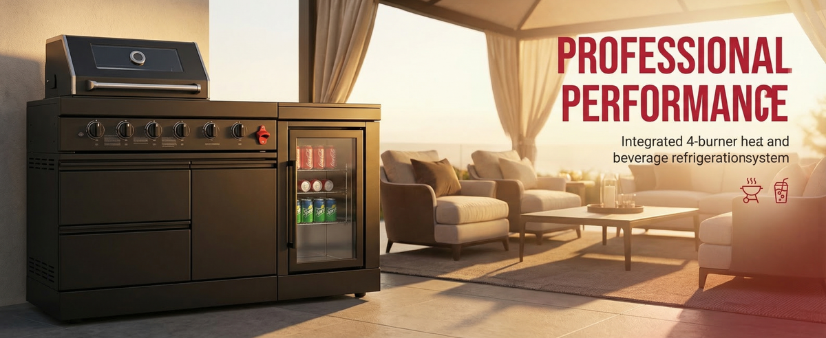 65" 4-Burner 72,000 BTU Black Outdoor Kitchen Island Grill Marble Countertops Wine Cooler