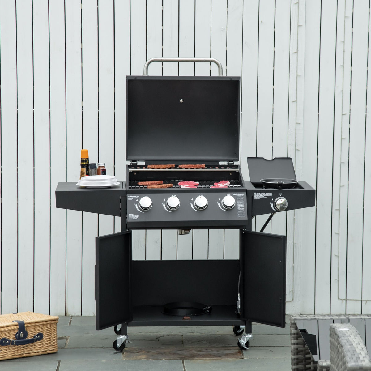 4-Burner Gas BBQ Grill with Side Burner – Black