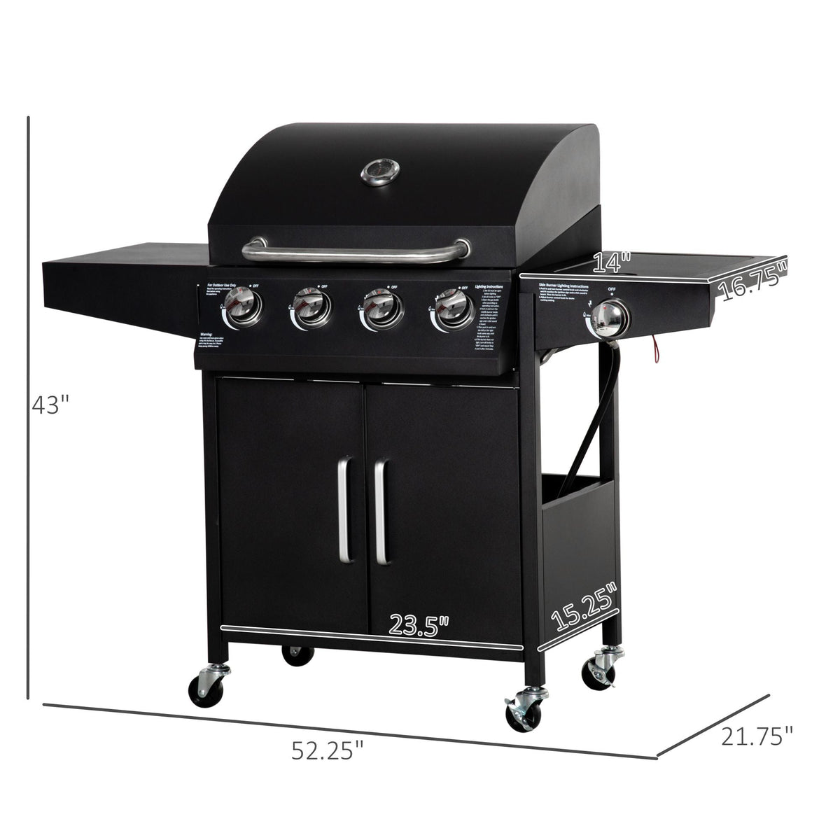 4-Burner Gas BBQ Grill with Side Burner – Black