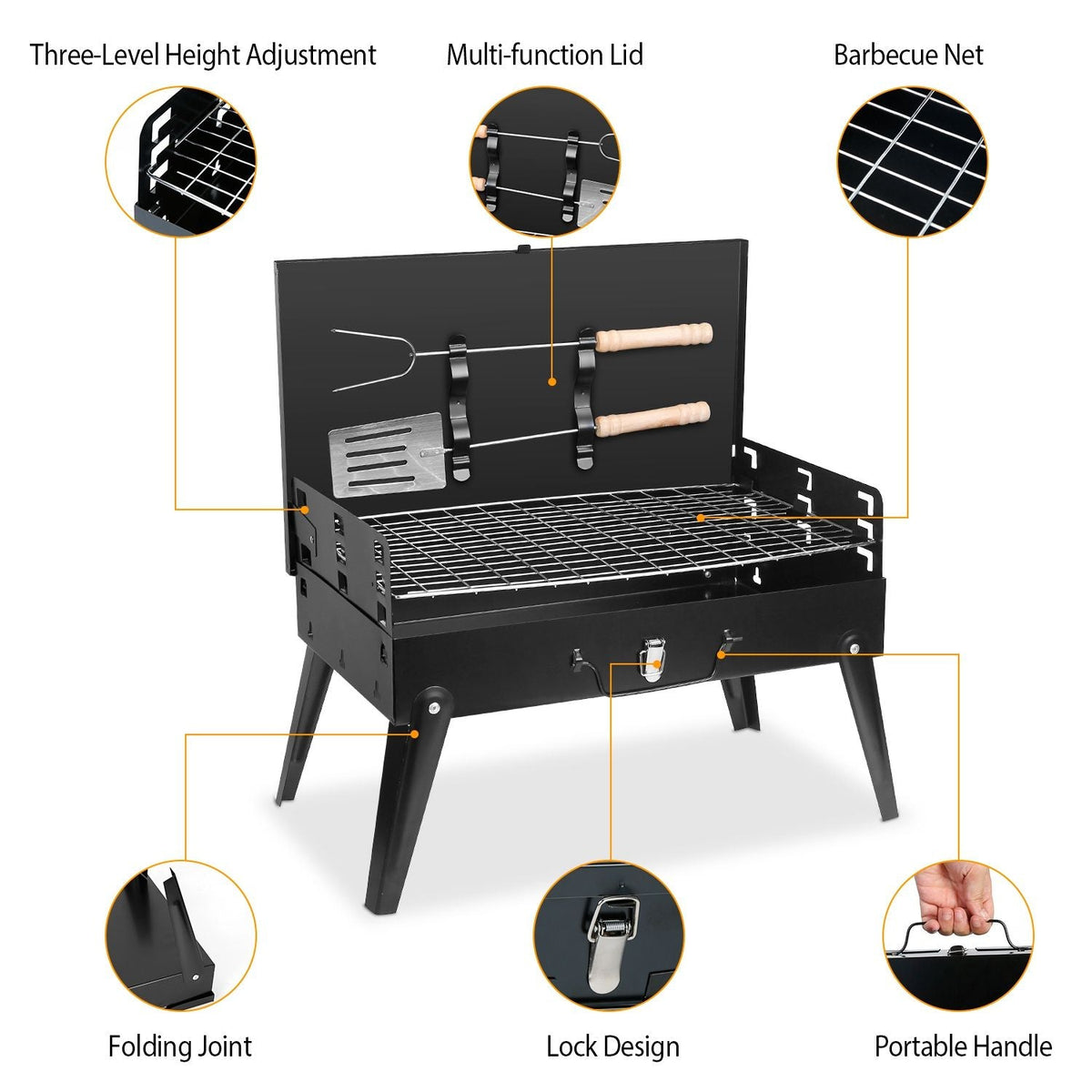 Portable Folding Charcoal BBQ Grill with 3 Adjustable Heights