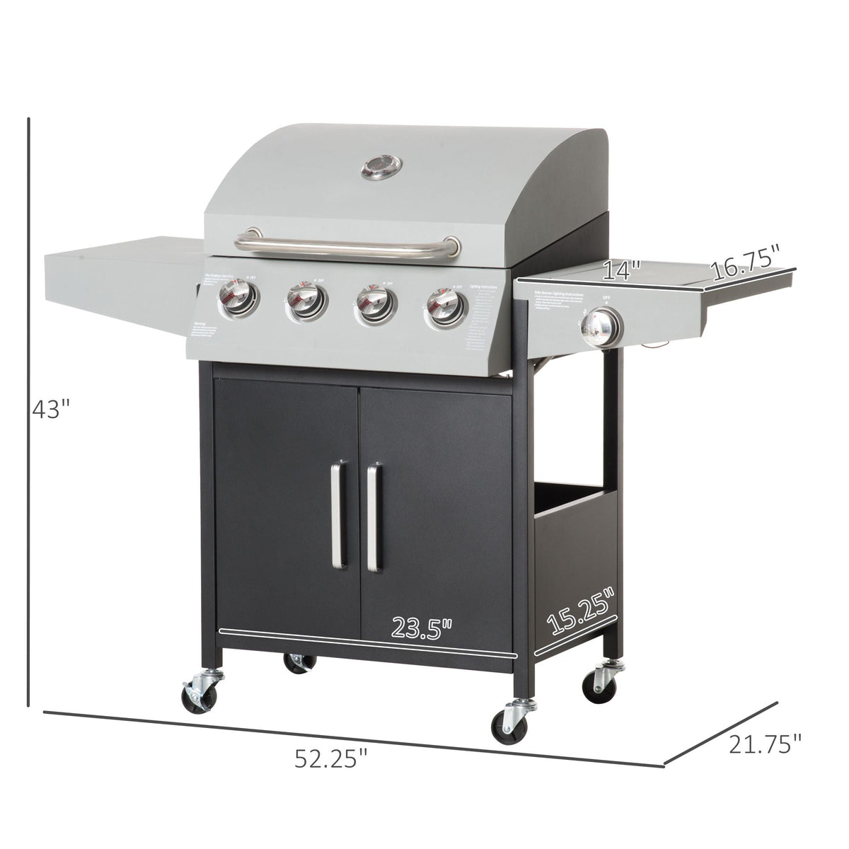 4-Burner Gas BBQ Grill with Side Burner & Storage Cabinet