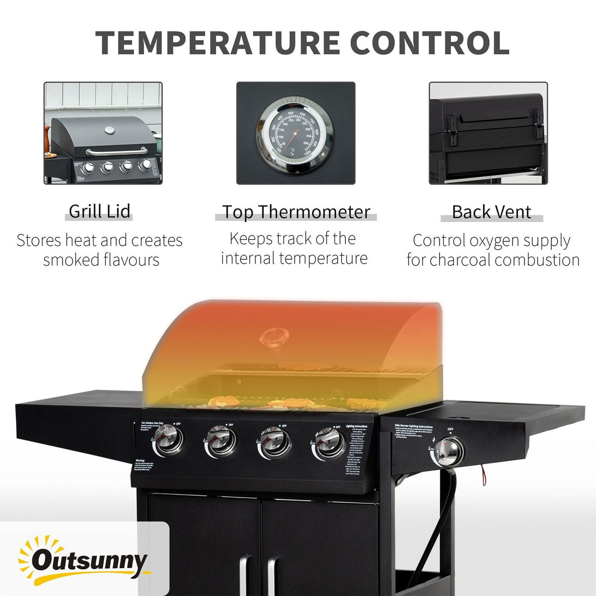 4-Burner Gas BBQ Grill with Side Burner – Black