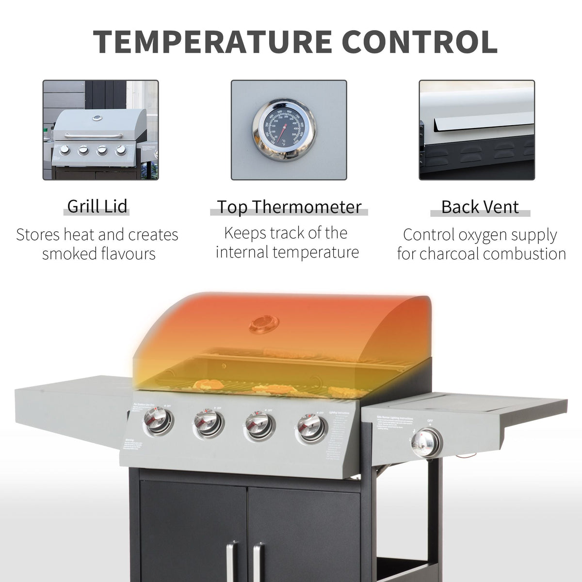 4-Burner Gas BBQ Grill with Side Burner & Storage Cabinet