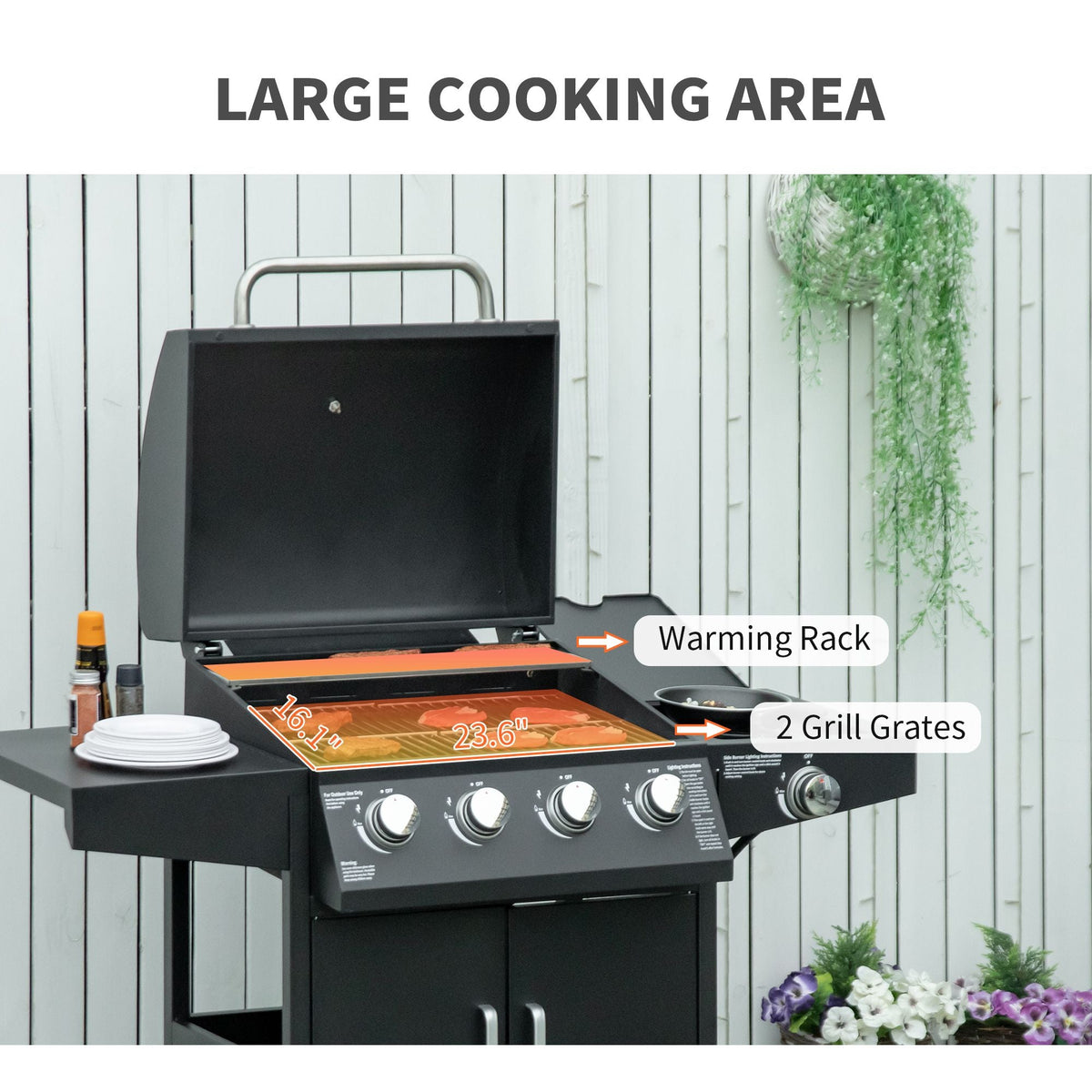4-Burner Gas BBQ Grill with Side Burner – Black