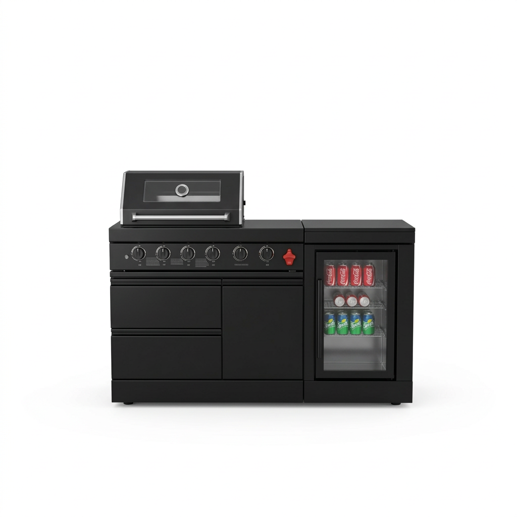 65" 4-Burner 72,000 BTU Black Outdoor Kitchen Island Grill Marble Countertops Wine Cooler