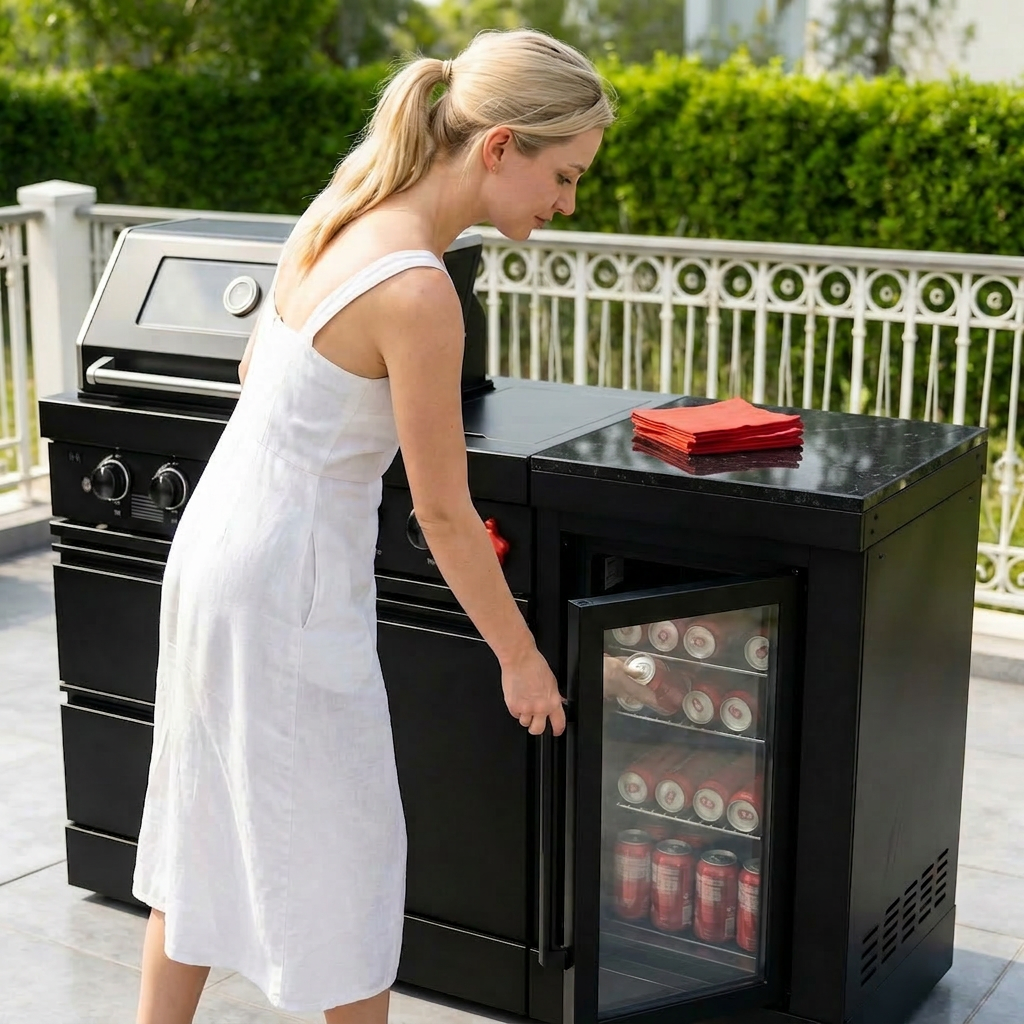 65" 4-Burner 72,000 BTU Black Outdoor Kitchen Island Grill Marble Countertops Wine Cooler