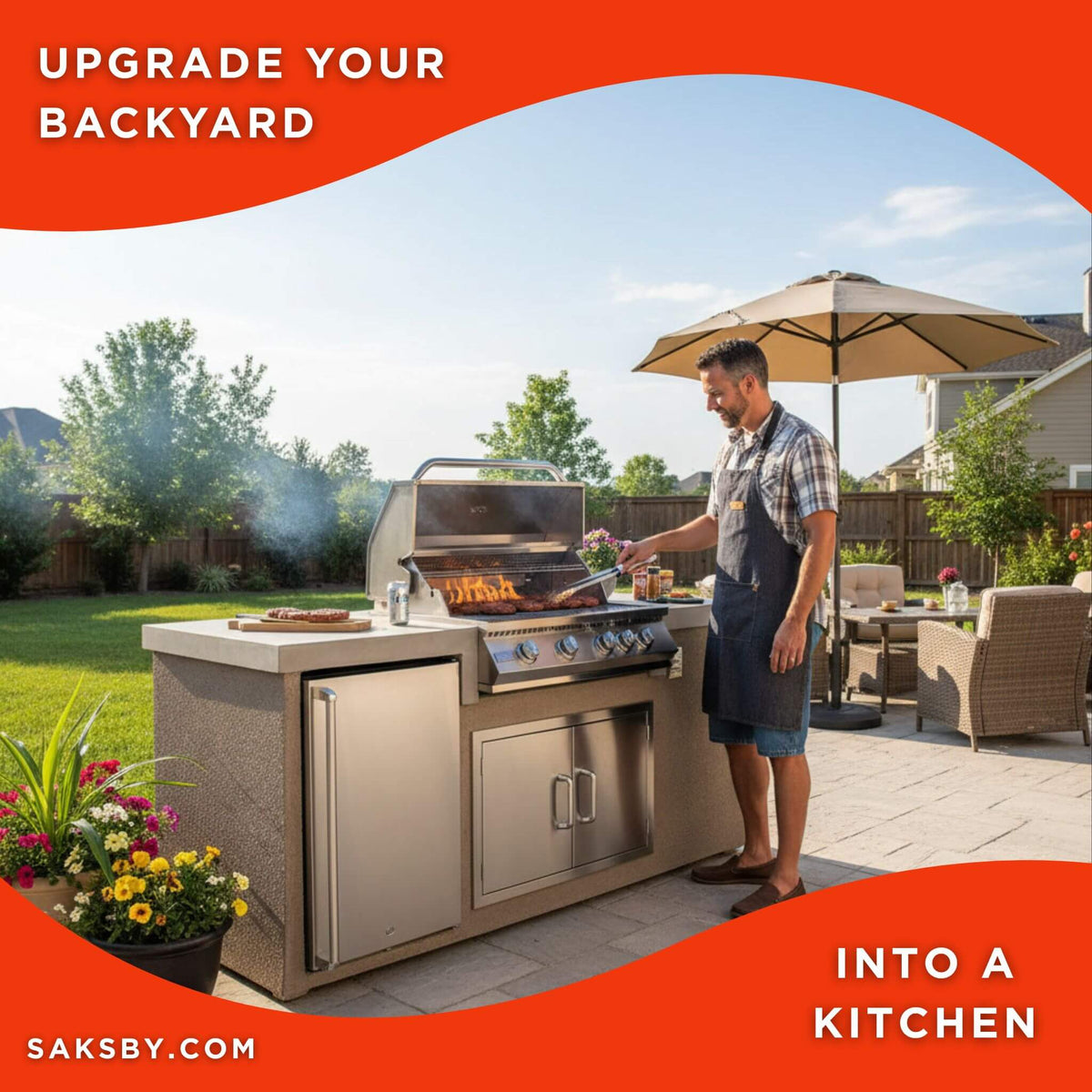 KoKoMo Grills 7FT Straight BBQ Island With Built-In BBQ And Refrigerator