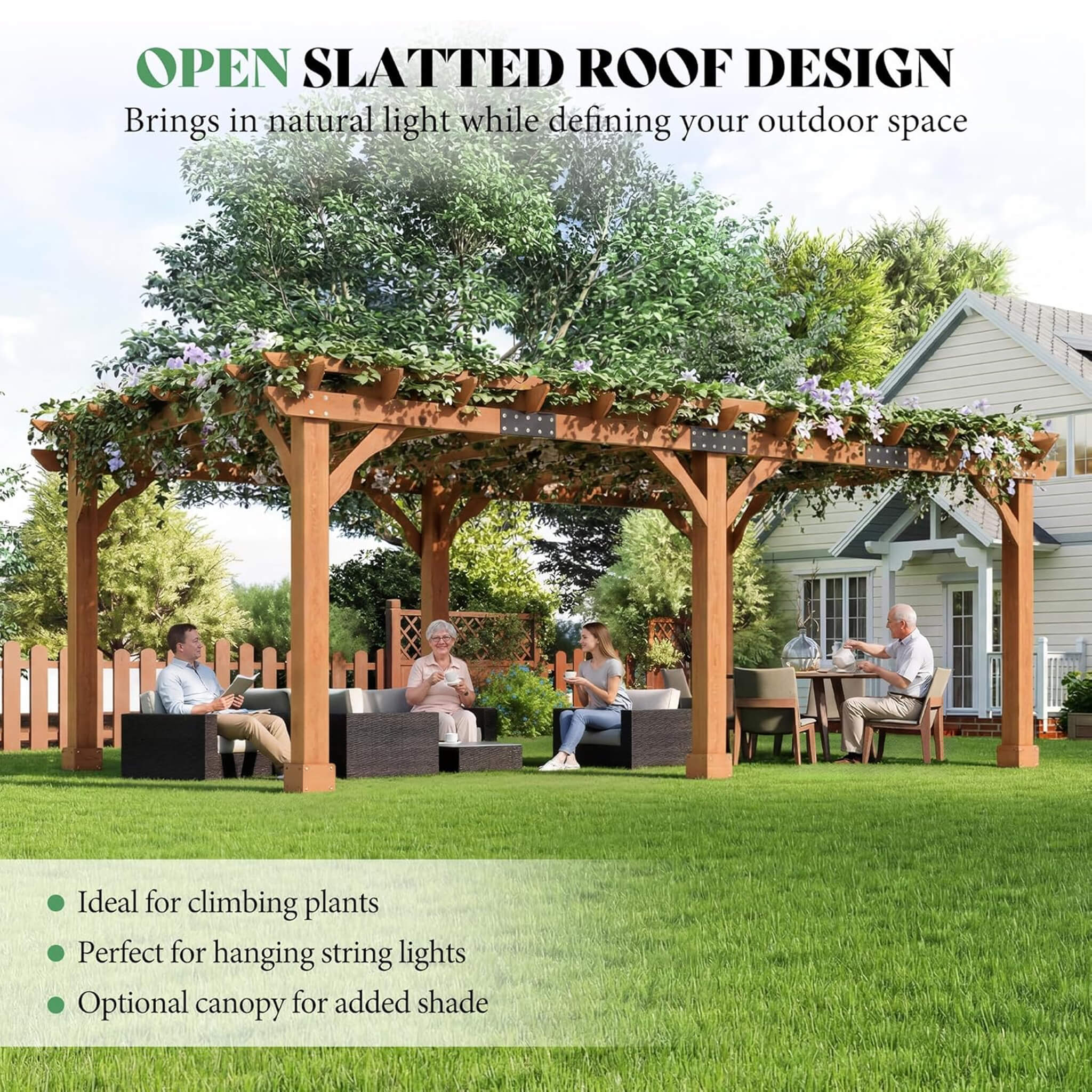 Large Outdoor Cedar Wood Pergola Kit with Open Slatted Roof
