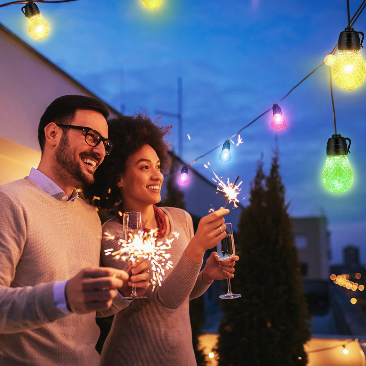 52.5FT Smart RGB LED Outdoor String Lights – 15 Bulbs