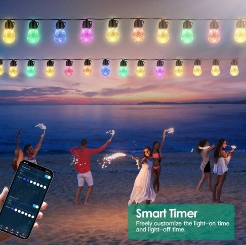 52.5FT Smart RGB LED Outdoor String Lights – 15 Bulbs