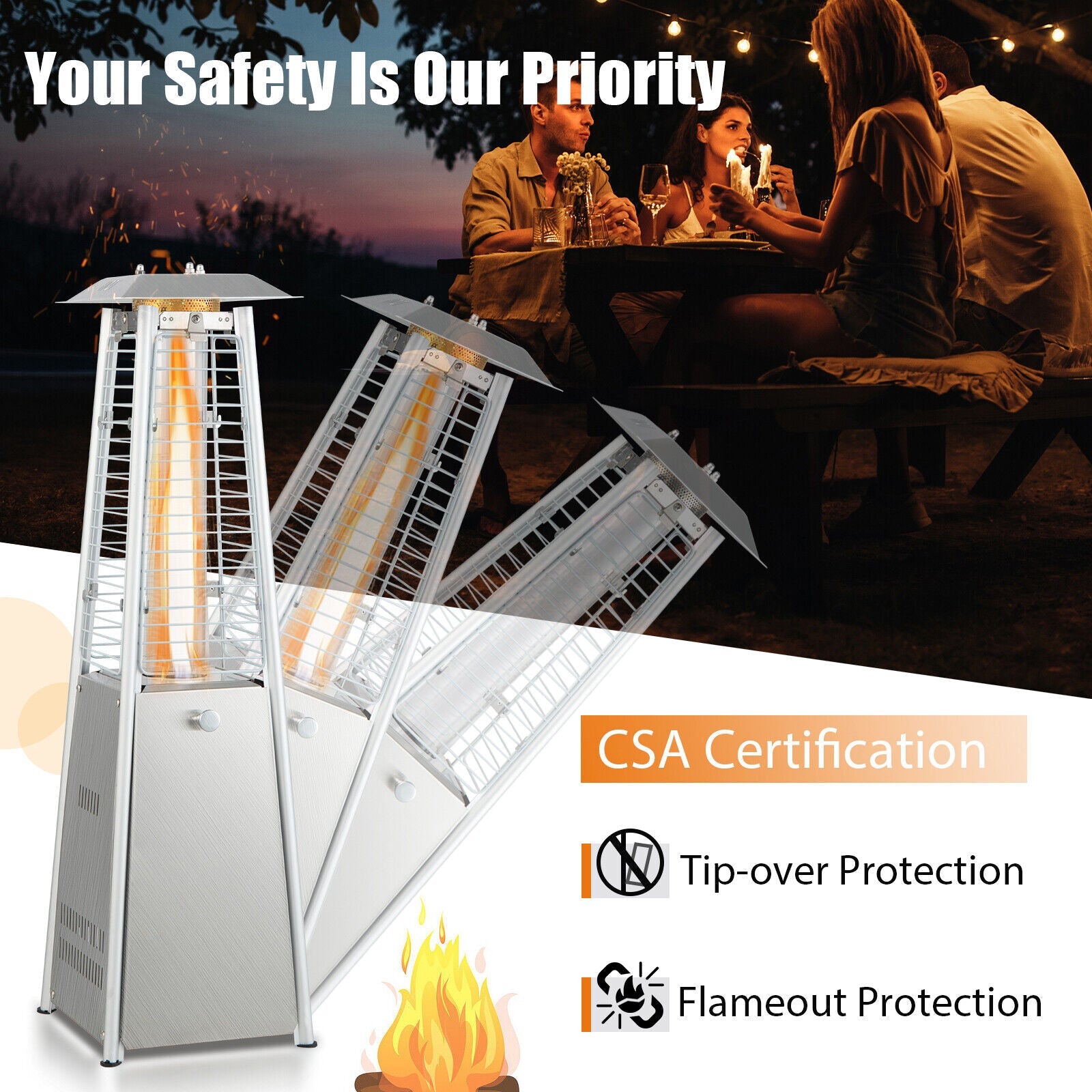 10,000 BTU Portable Tabletop Propane Patio Heater with Glass Flame Tube