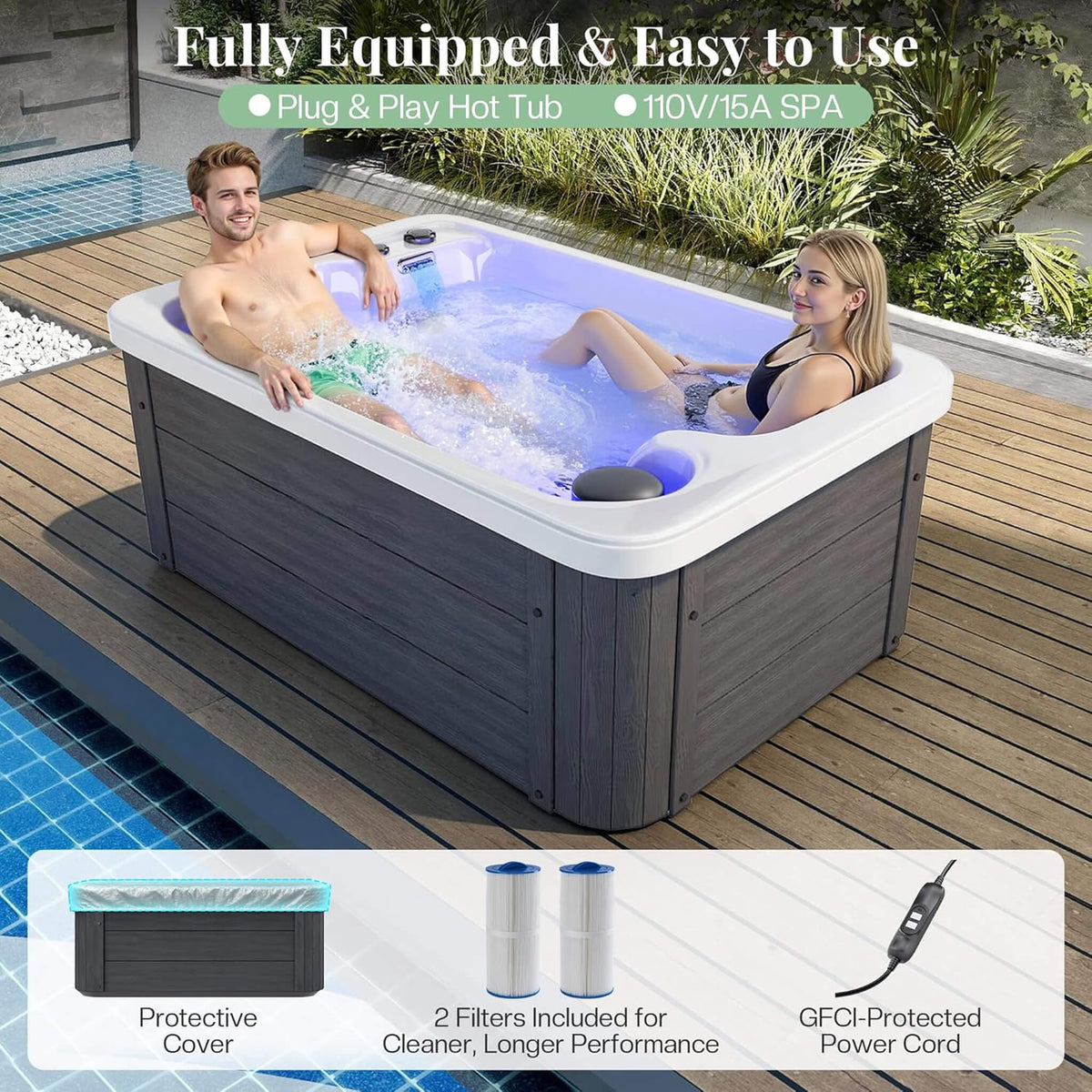 Premium 2-Person Outdoor Hot Tub W/ 15 Stainless Steel Jets