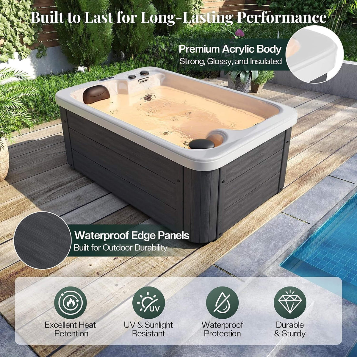 Premium 2-Person Outdoor Hot Tub W/ 15 Stainless Steel Jets