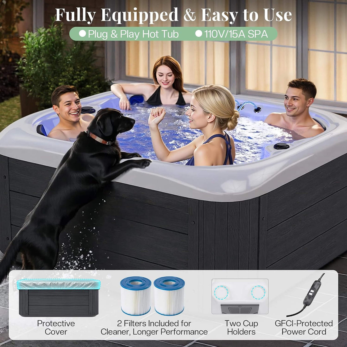 Premium 4-Person Outdoor Hot Tub W/ 23 Stainless Steel Jets