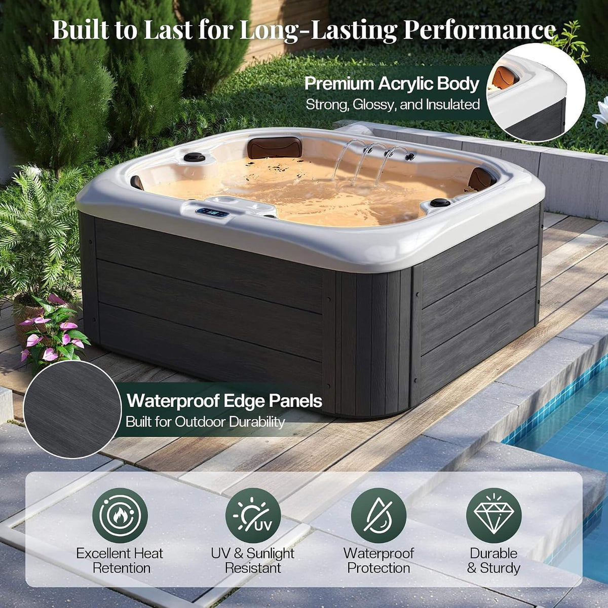 Premium 4-Person Outdoor Hot Tub W/ 23 Stainless Steel Jets