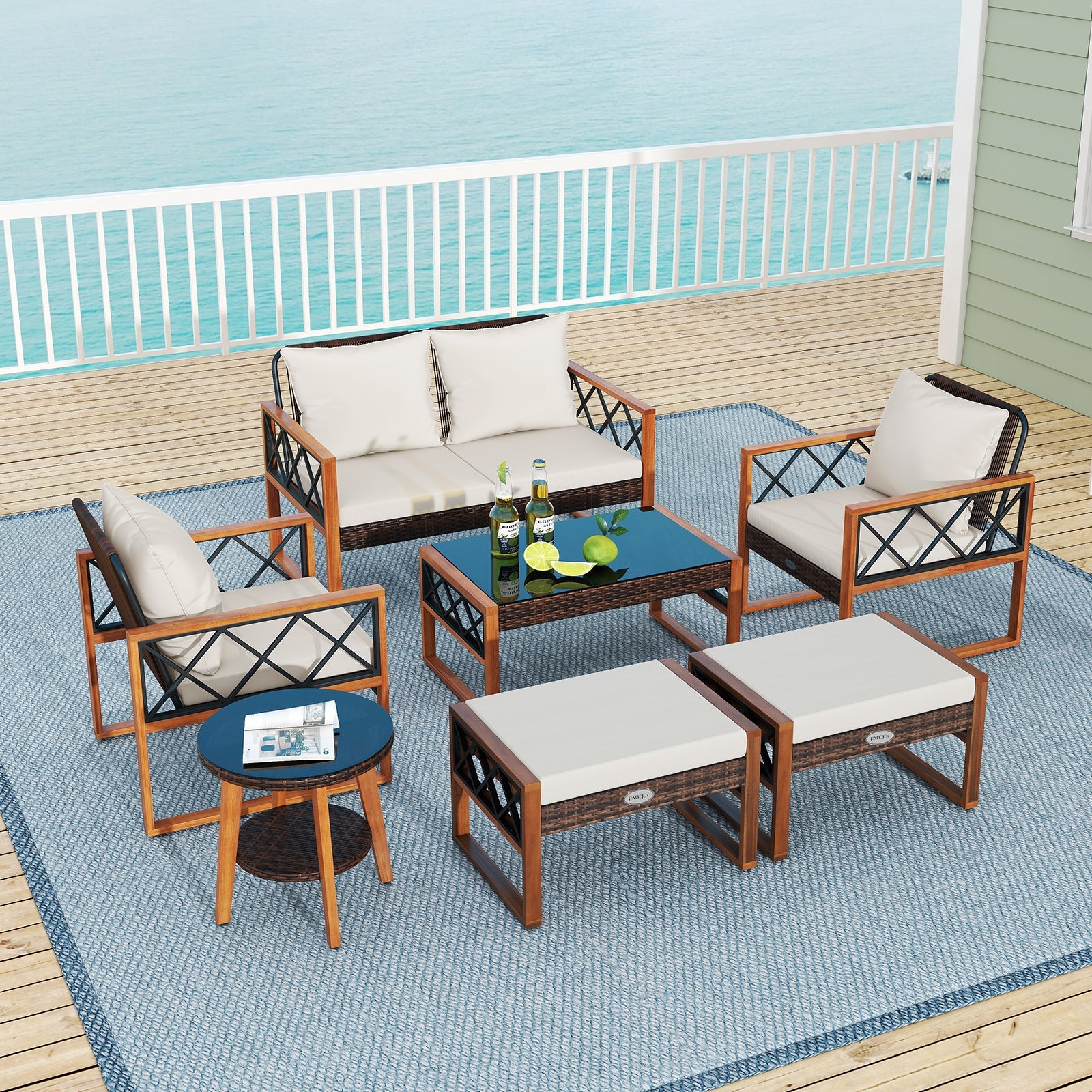 7-Piece Outdoor Patio Furniture Set with Ottomans and Tables