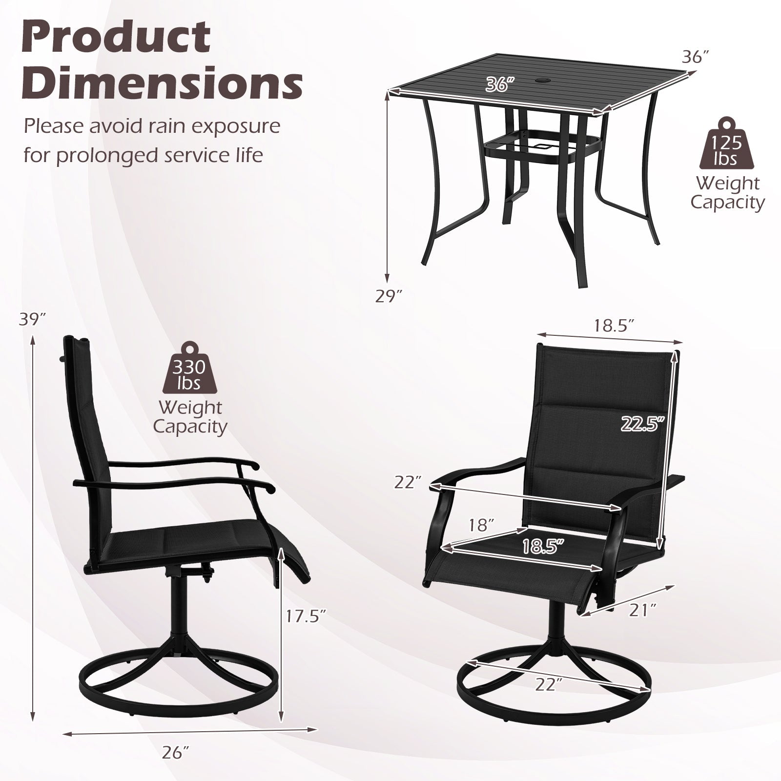 5-Piece Outdoor Dining Set with Swivel Rocking Chairs and 36-Inch Table